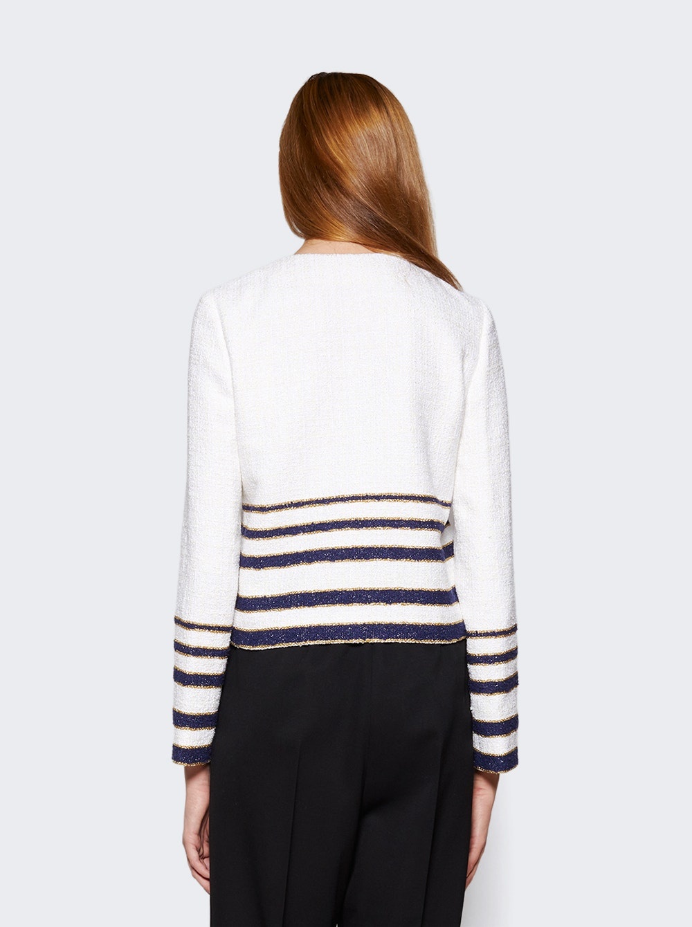 Embellished Striped Bouclé Jacket White and Navy - 5