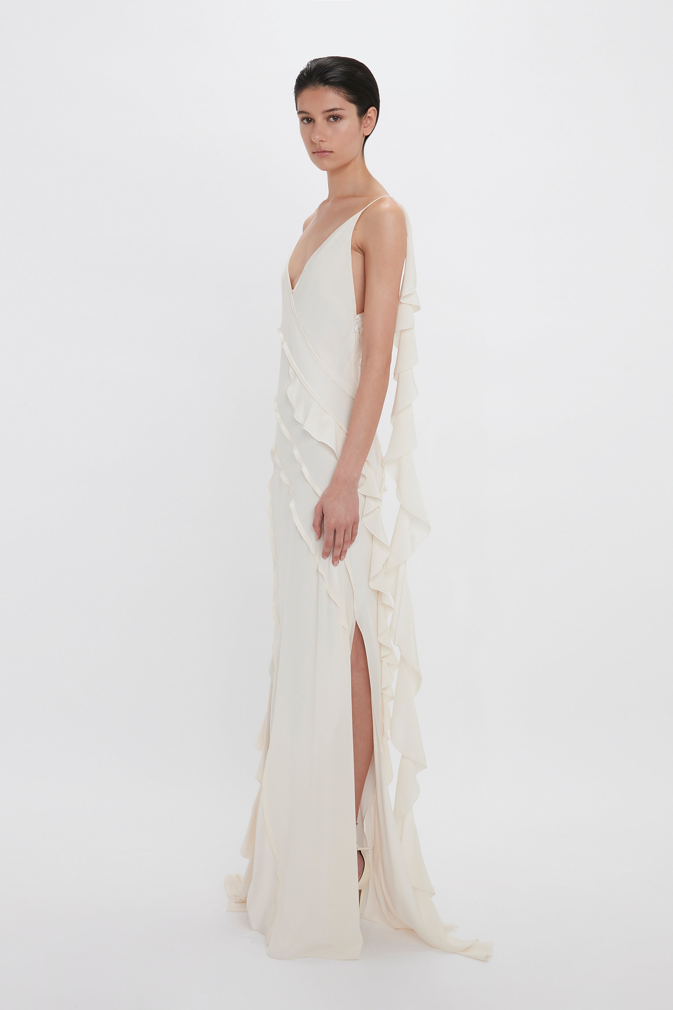 Exclusive Asymmetric Bias Frill Dress In Ivory - 3