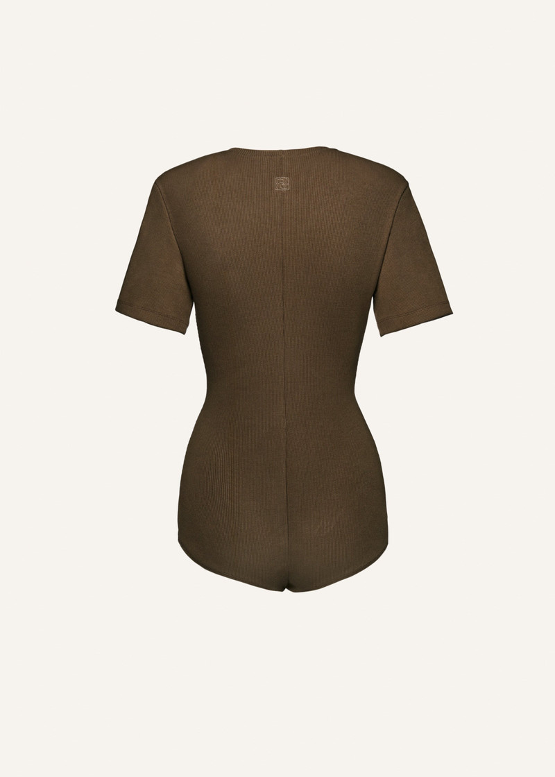 Ribbed short sleeve bodysuit in khaki 2