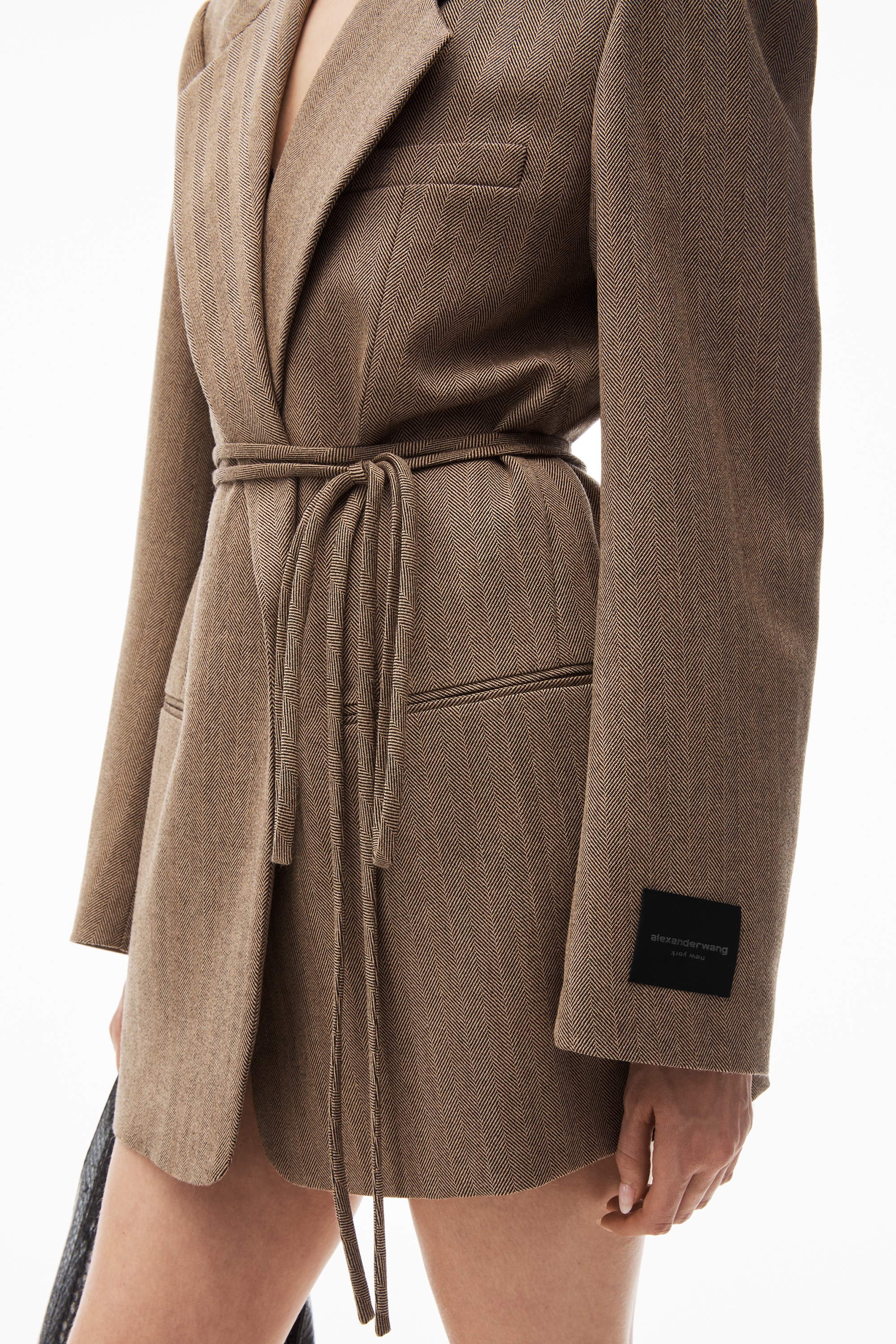 wrap tie blazer in herringbone tailoring - 3