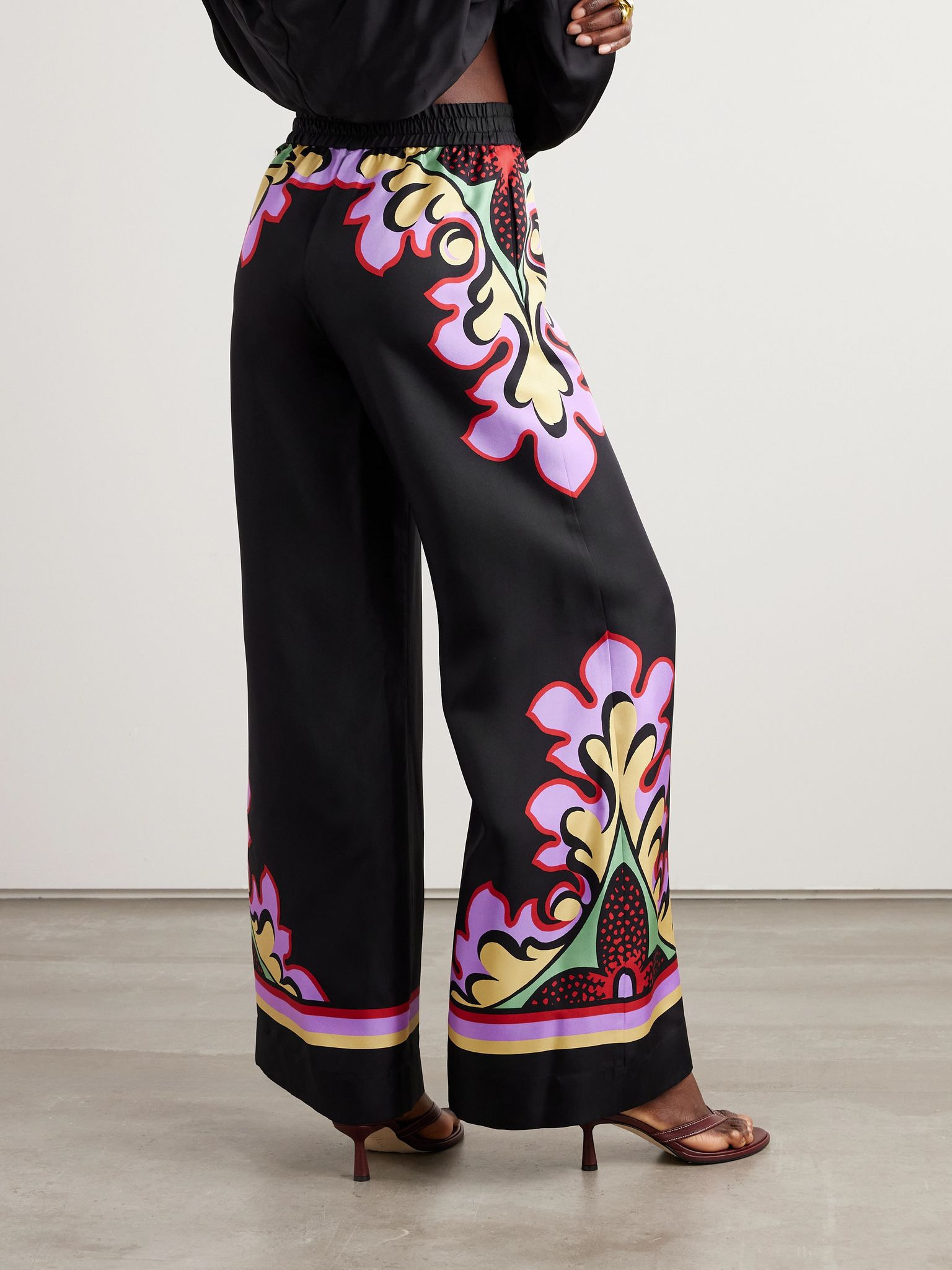 Icon Palazzo printed silk-twill wide-leg pants Black - 3