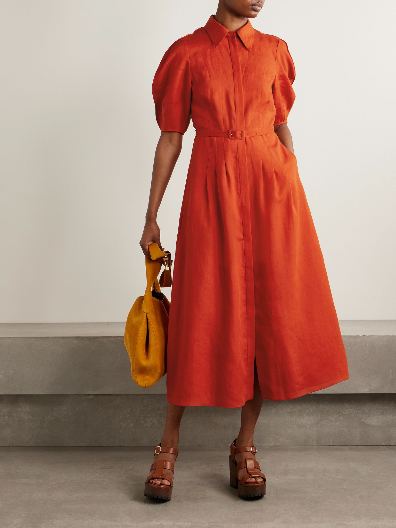 Maude belted linen midi shirt dress Orange - 2