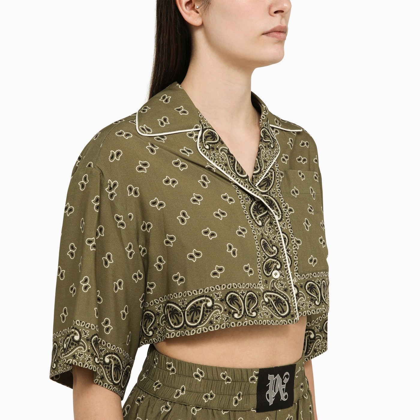 Palm Angels Cropped Shirt With Military Green Print - 4