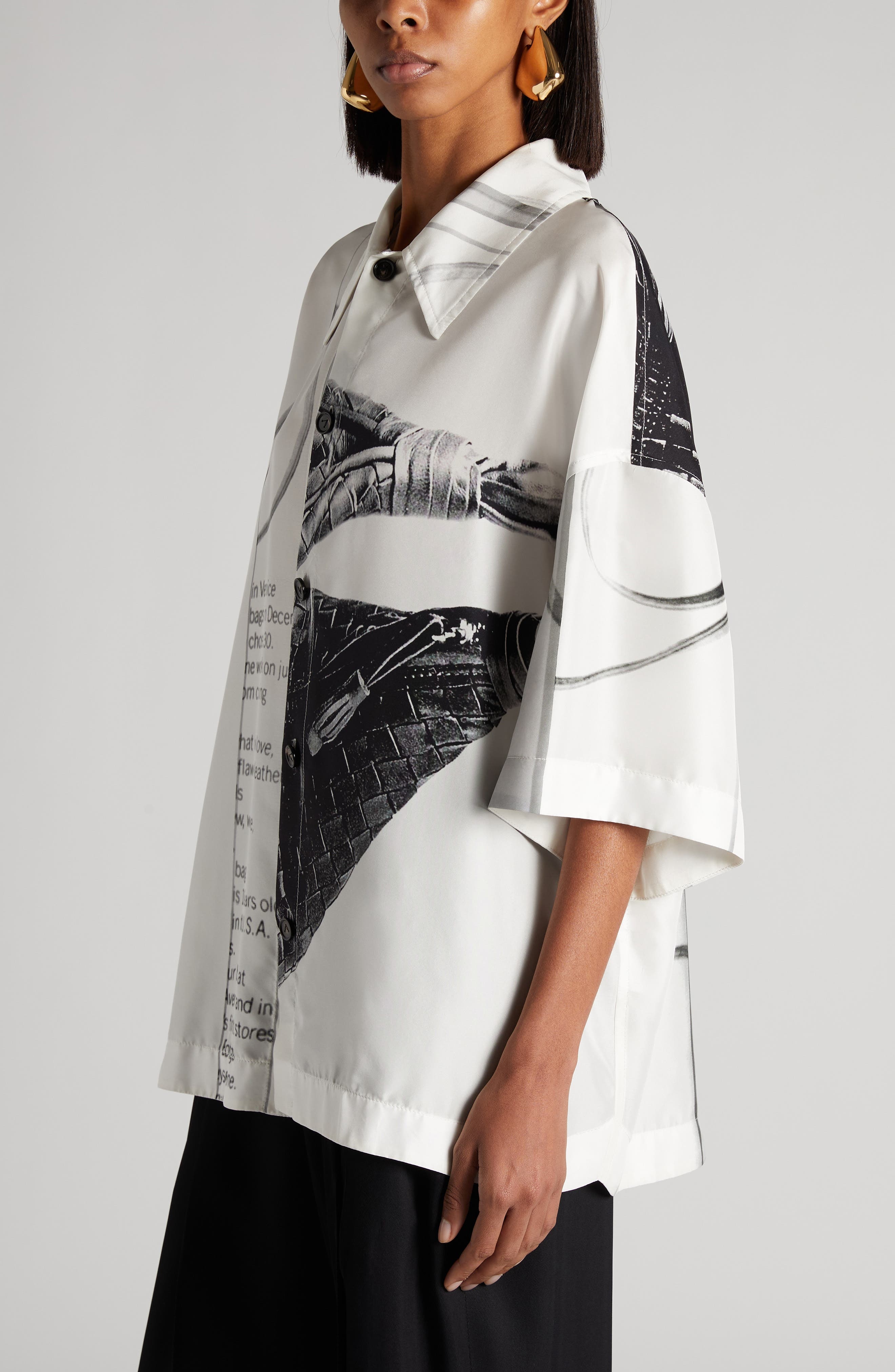 Bottega Veneta Campaign Print Oversize Silk Button-Up Shirt in 9060 Chalk/Black at Nordstrom - 4