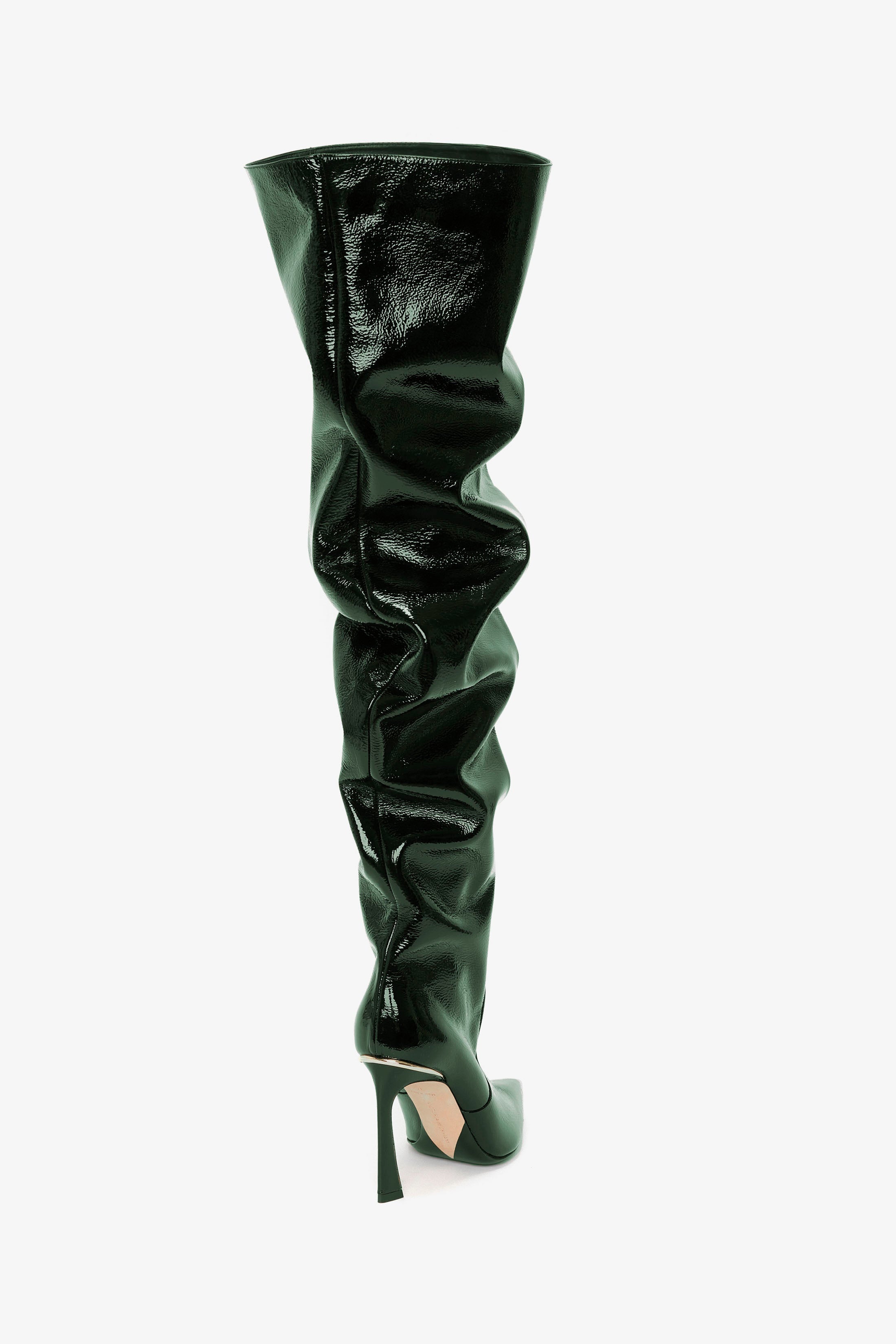 Thigh High Pointy Boot in Dark Green Grained Patent - 3