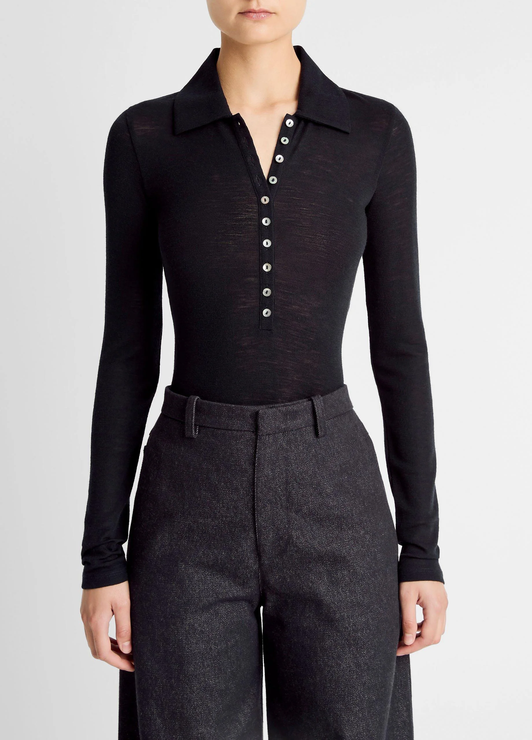 Wool Long-Sleeve Polo Top - 1