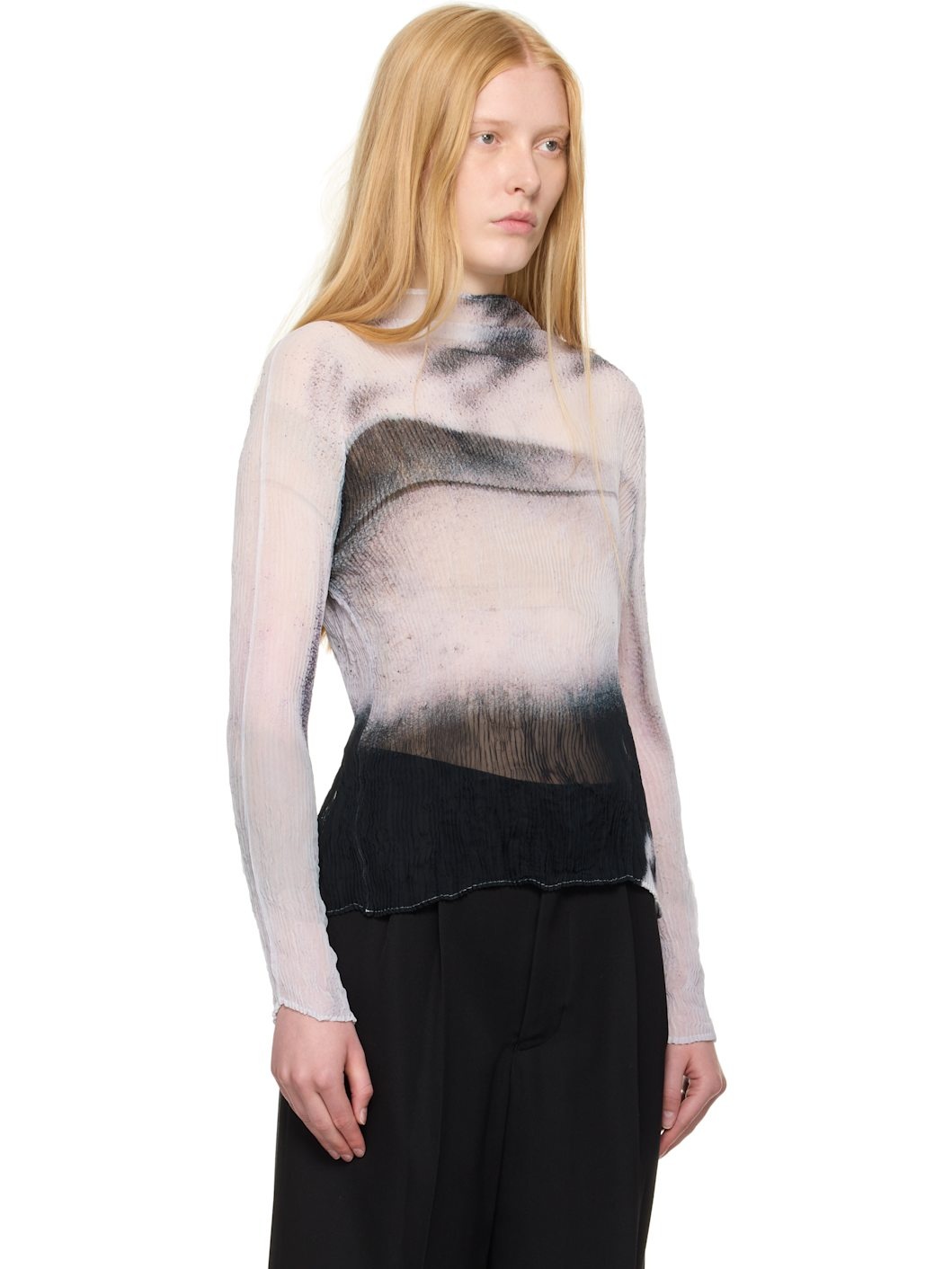 White & Black Shadow Study Pleats Chiffon Twist Turtleneck - 2