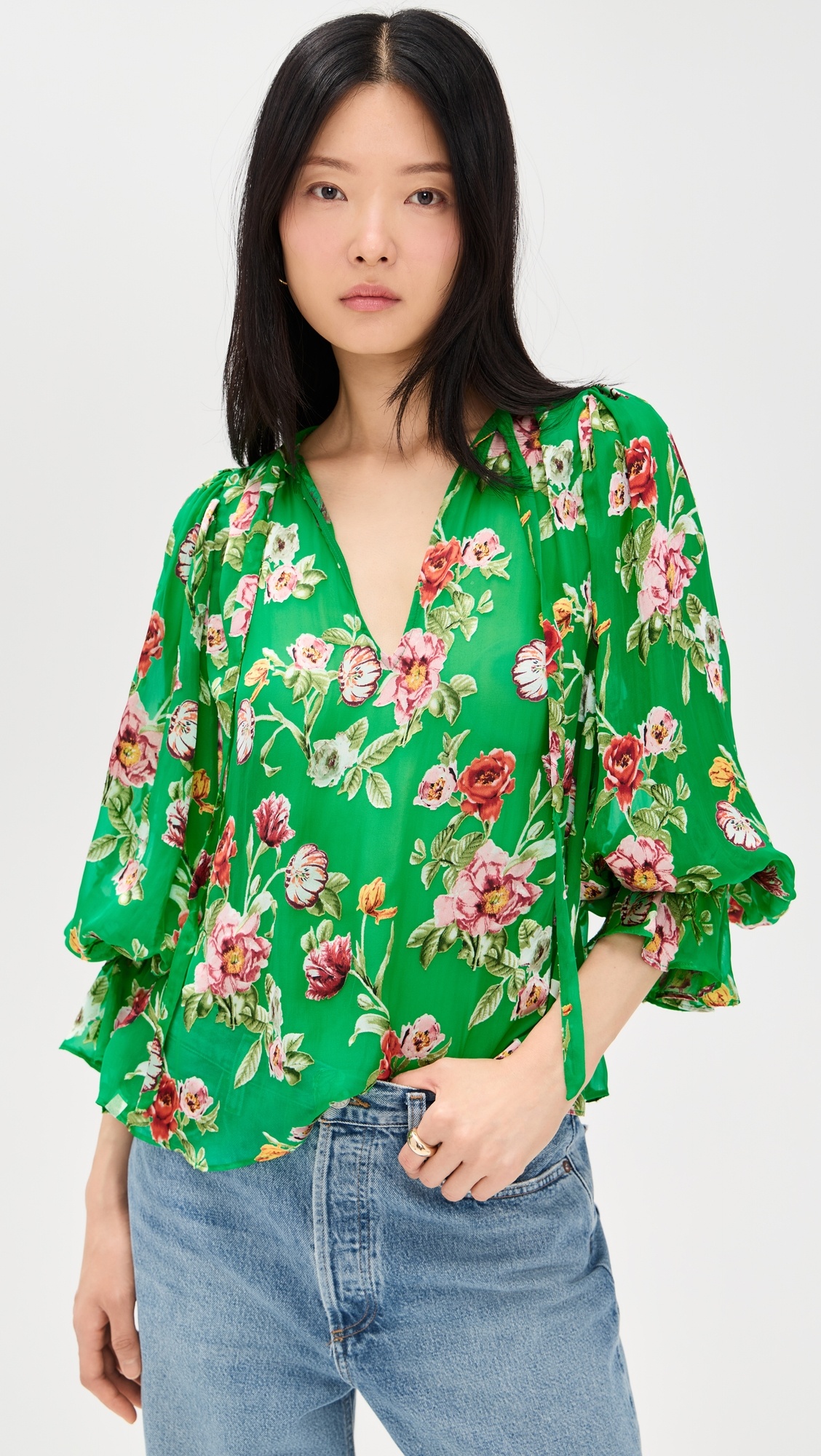 Moranne Tie Neck Blouson Ruffle Sleeve Top - 1