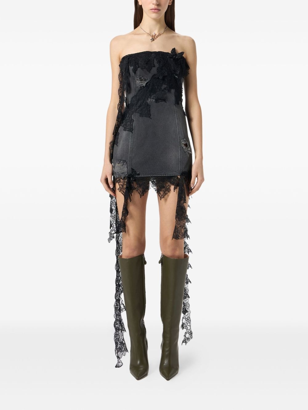 strapless lace-trimmed denim dress - 2