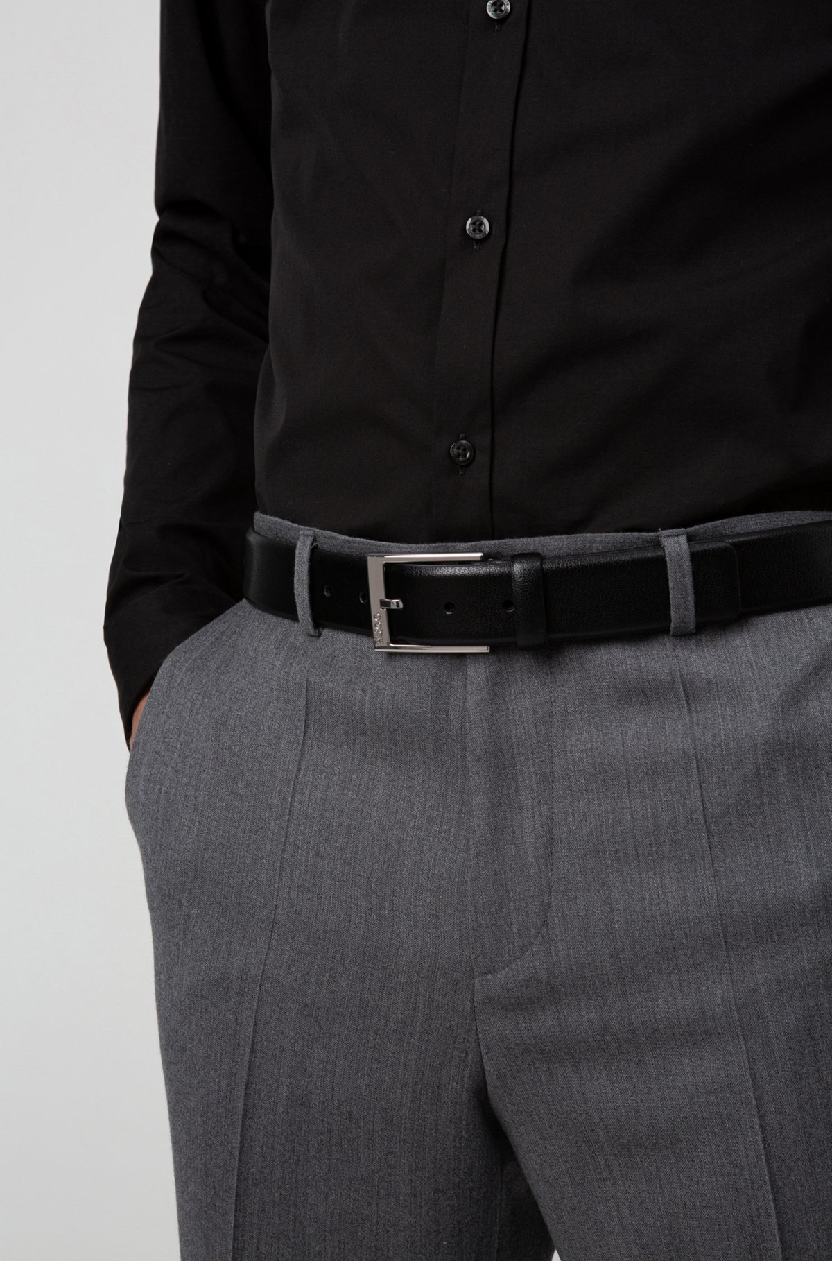 GRAINED-LEATHER BELT WITH POLISHED-SILVER-HARDWARE LOGO - 2