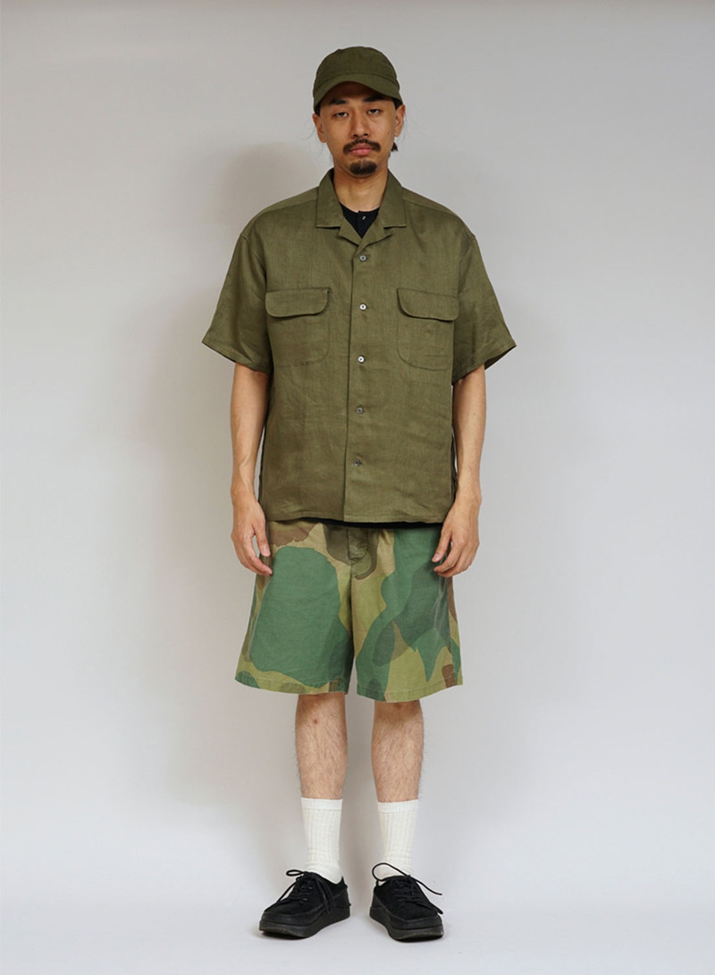 Nigel Cabourn Open Collar Shirt Linen Twill in Green outlook