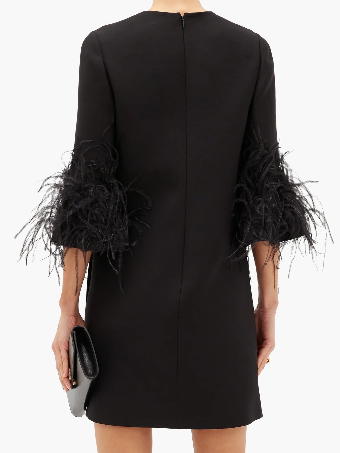 Cropped-sleeve feather-trimmed wool-blend dress - 6