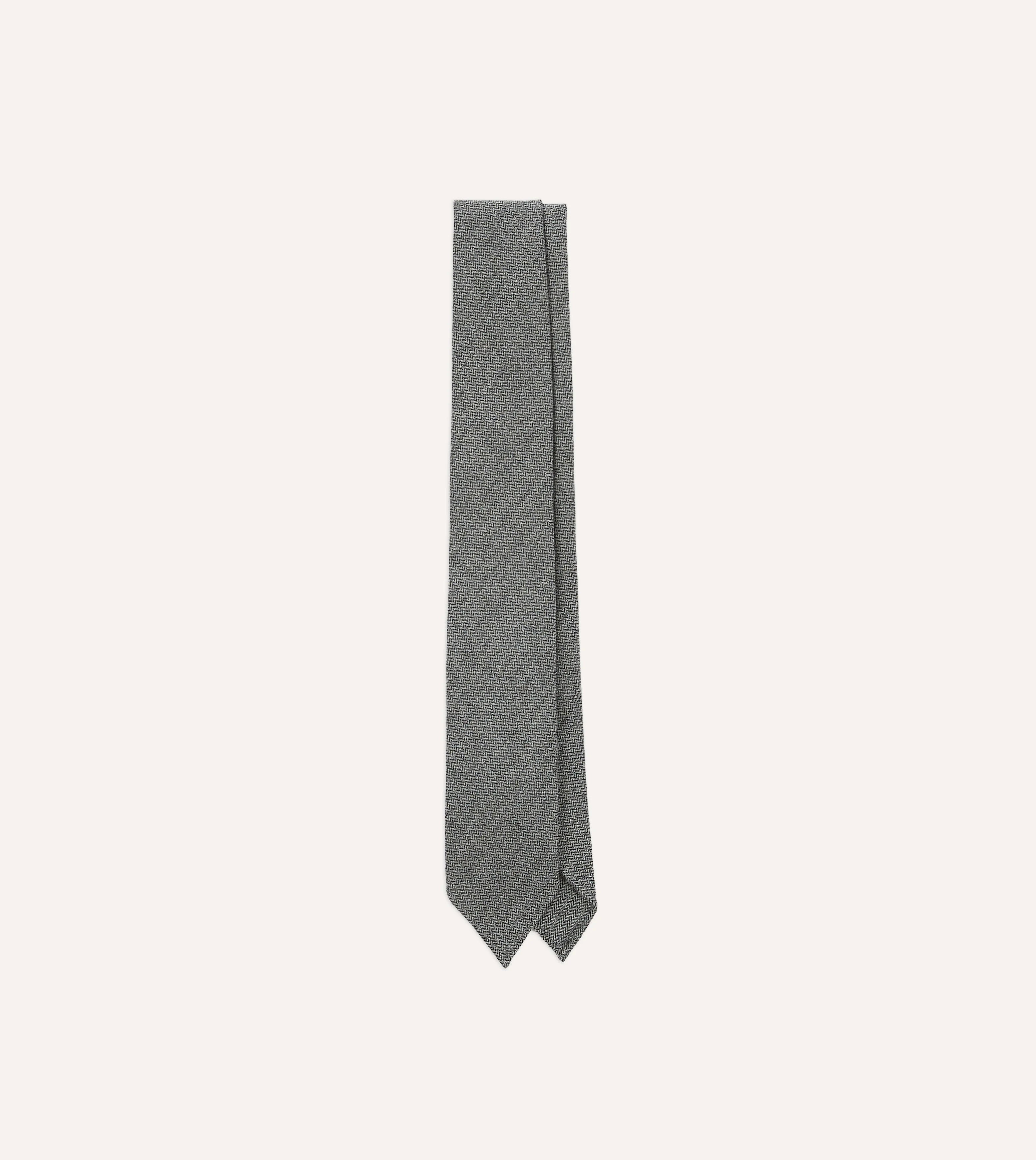 Grey Herringbone Hand Rolled Wool Tie - 1