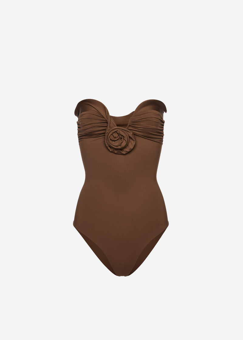 Sculptural rose bustier swimsuit in brown 1