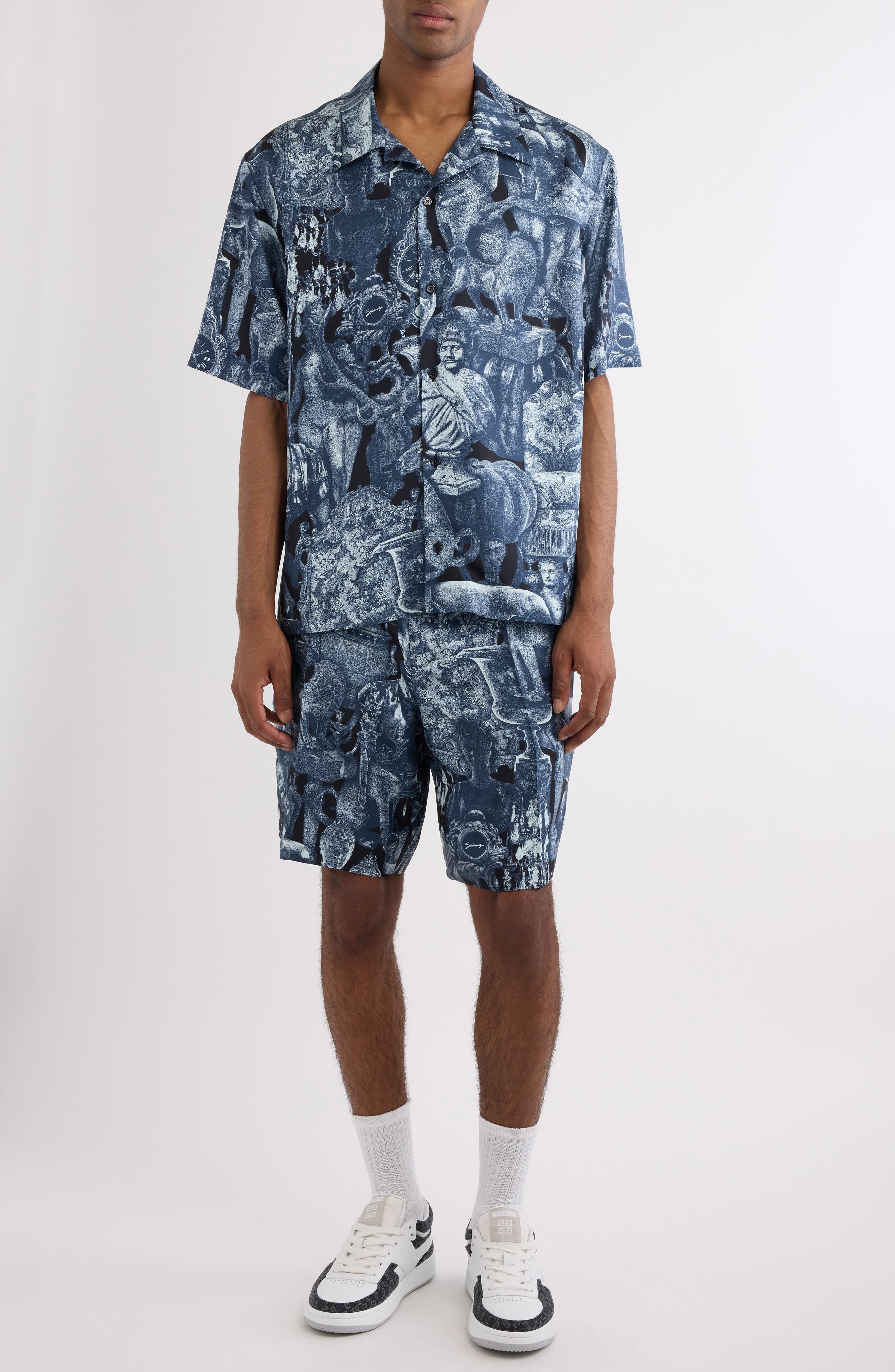 Givenchy Object Print Pleated Silk Shorts in Black/Navy at Nordstrom - 2
