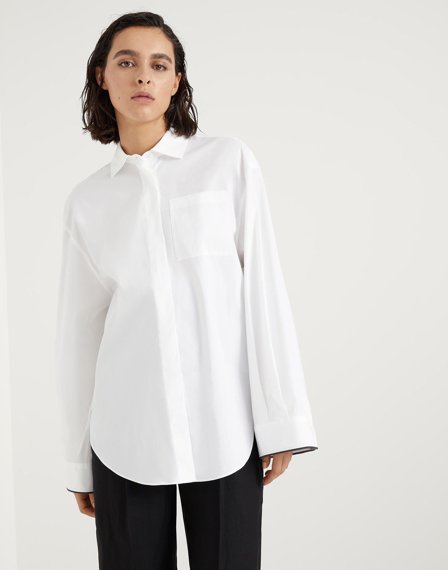 Stretch cotton poplin shirt with shiny cuff details - 1