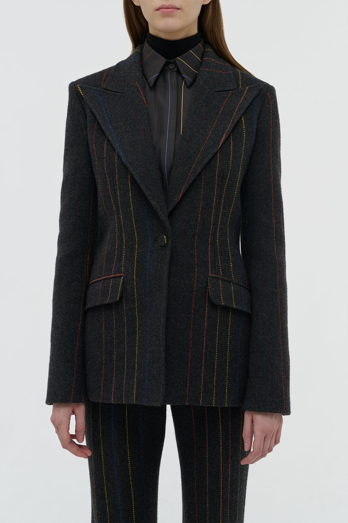 Leiva Blazer in Charcoal Multi Pinstripe Wool Cashmere - 5