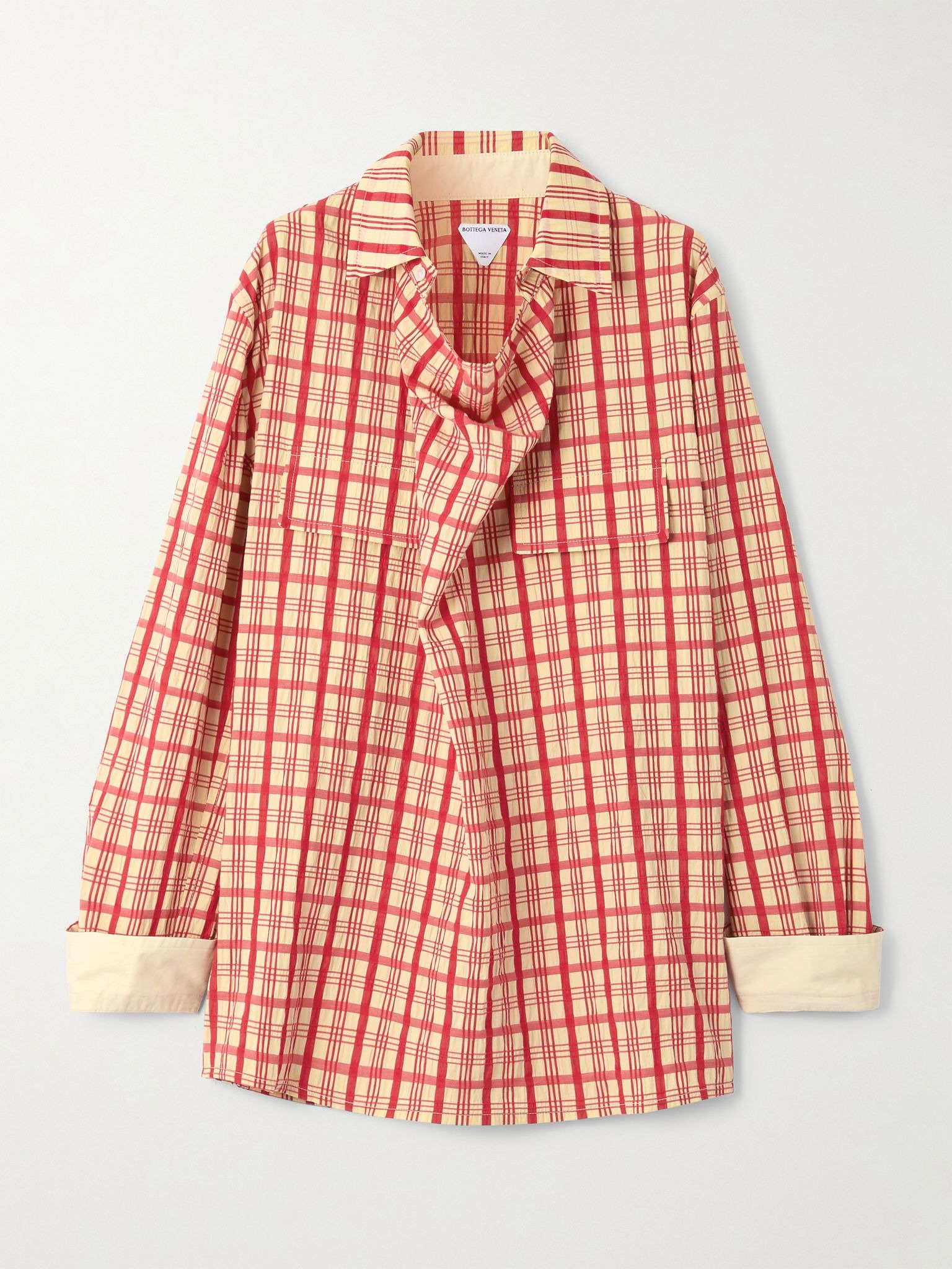 Draped checked cotton-seersucker blouse Red - 1
