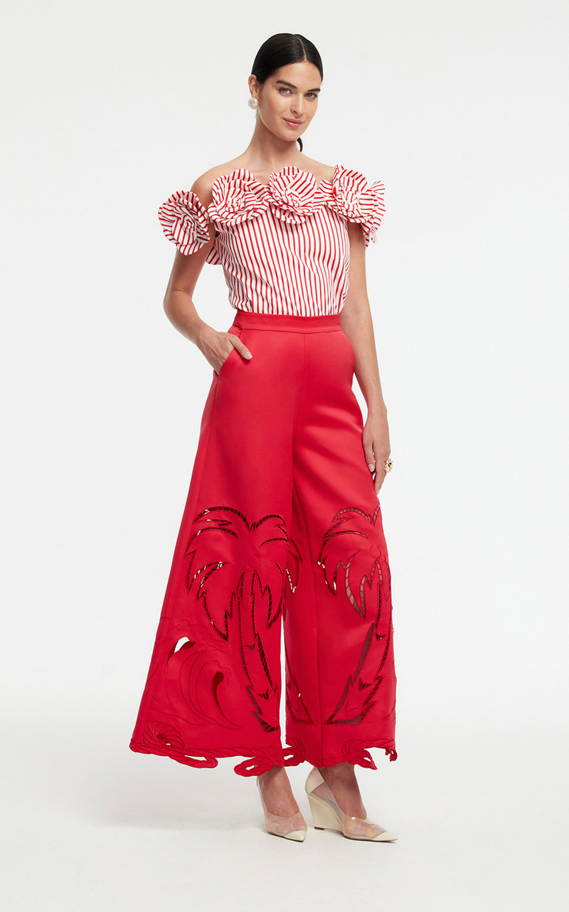 Theodora Appliquéd Wide-Leg Pants red 4