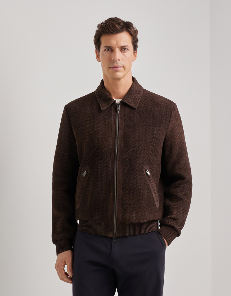 CARAMEL MIXED-MATERIAL ULTRALIGHT SUEDE BOMBER JACKET WITH KNIT INSERTS 58
