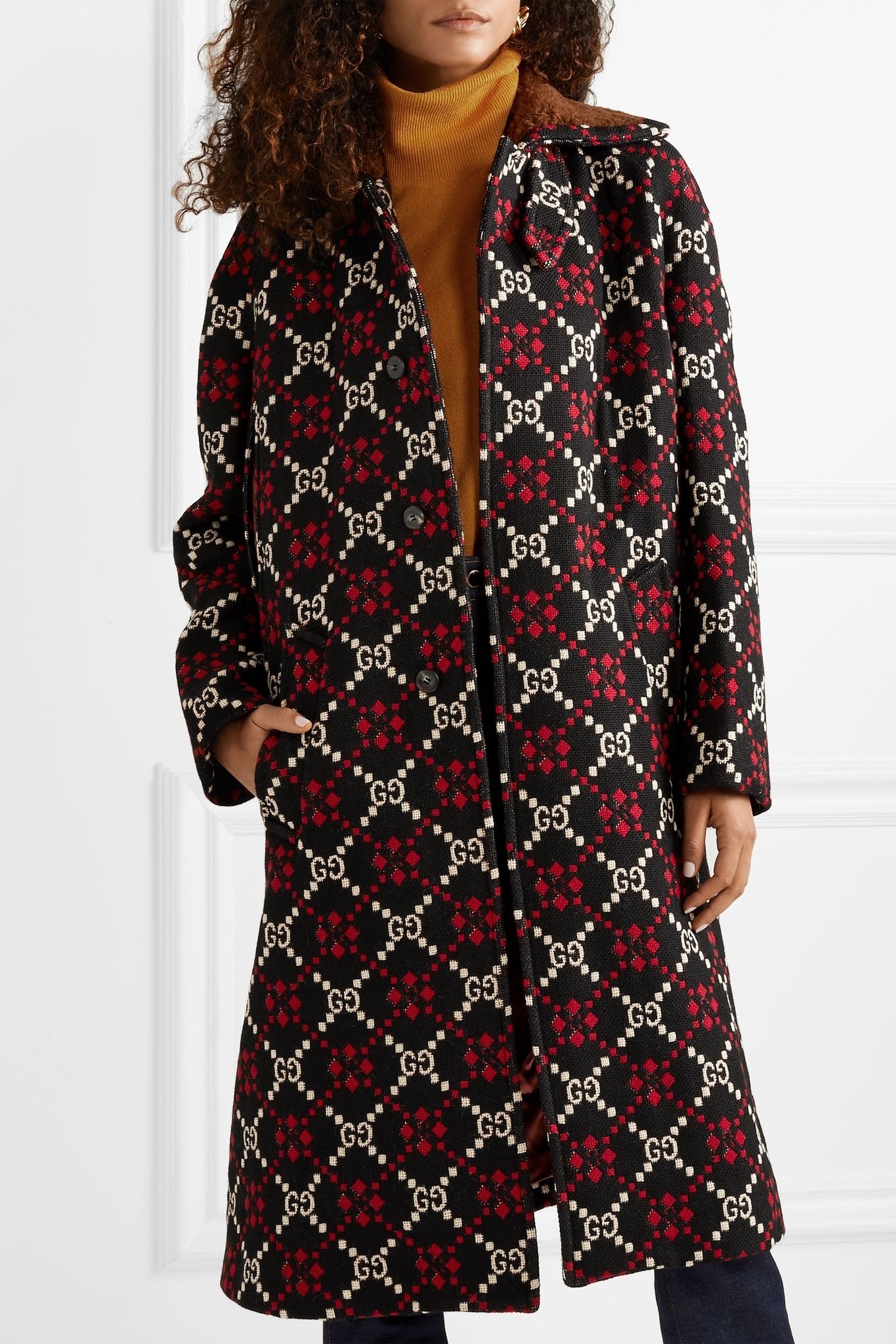 Faux shearling-trimmed wool-jacquard coat - 3