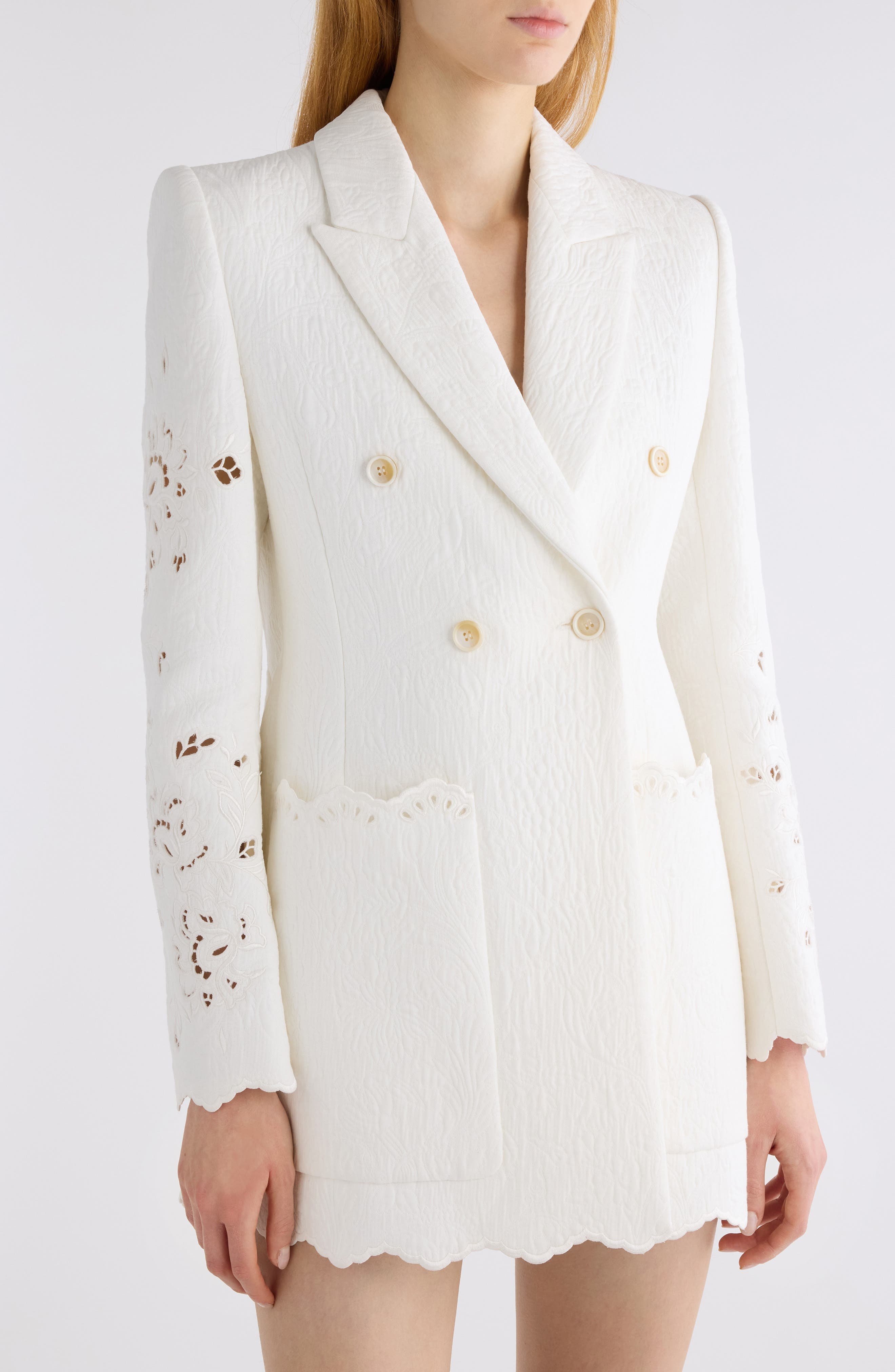 Chloé Eyelet Floral Jacquard Double Breasted Cotton Blend Jacket in Iconic Milk at Nordstrom - 5