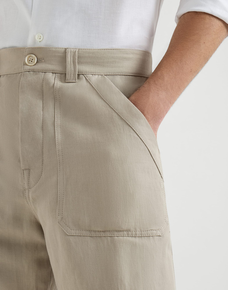 Linen and cotton drill trousers with patch pockets and drawstring 4