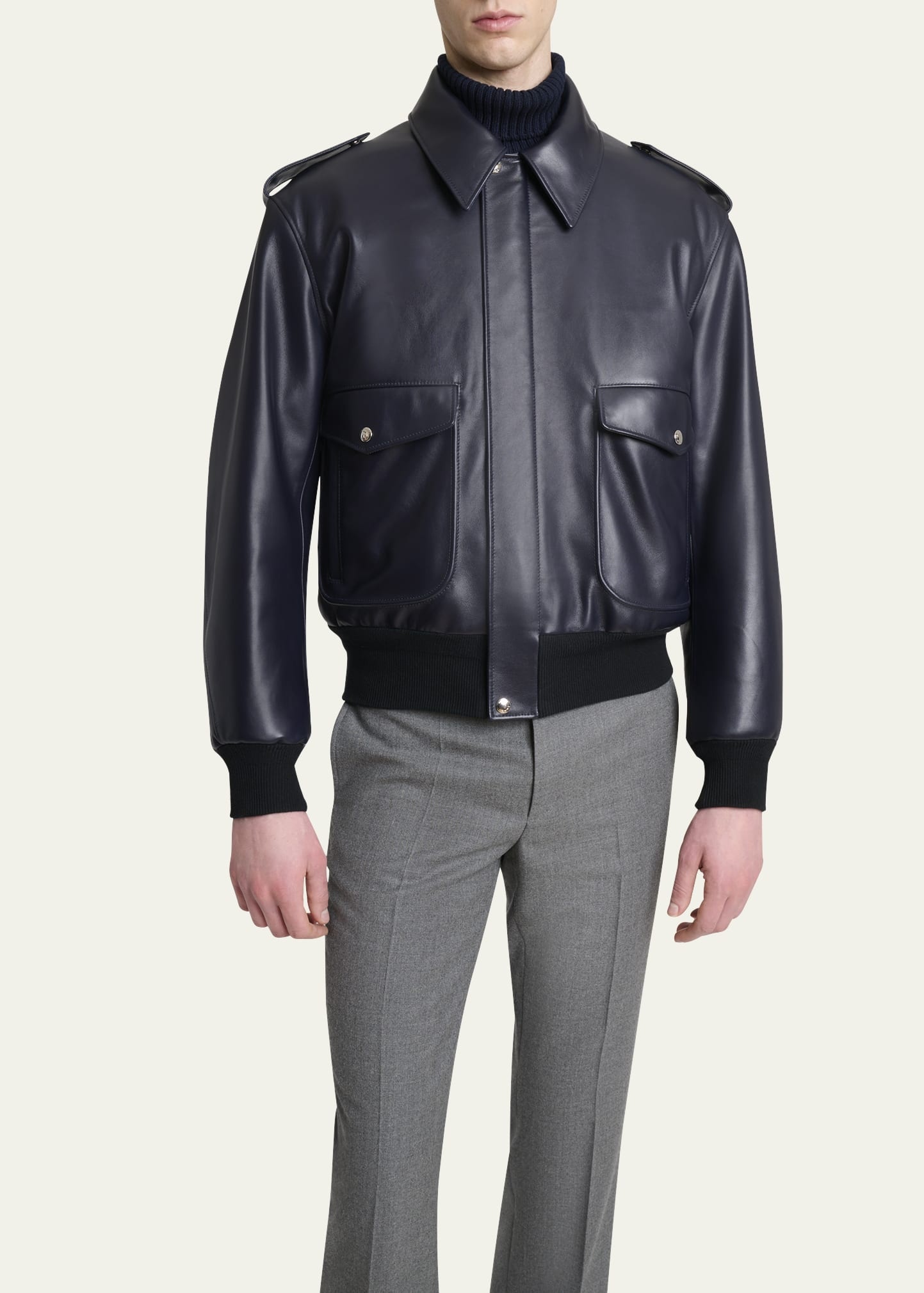 Men's Leather Concealed-Zip Bomber Jacket - 4