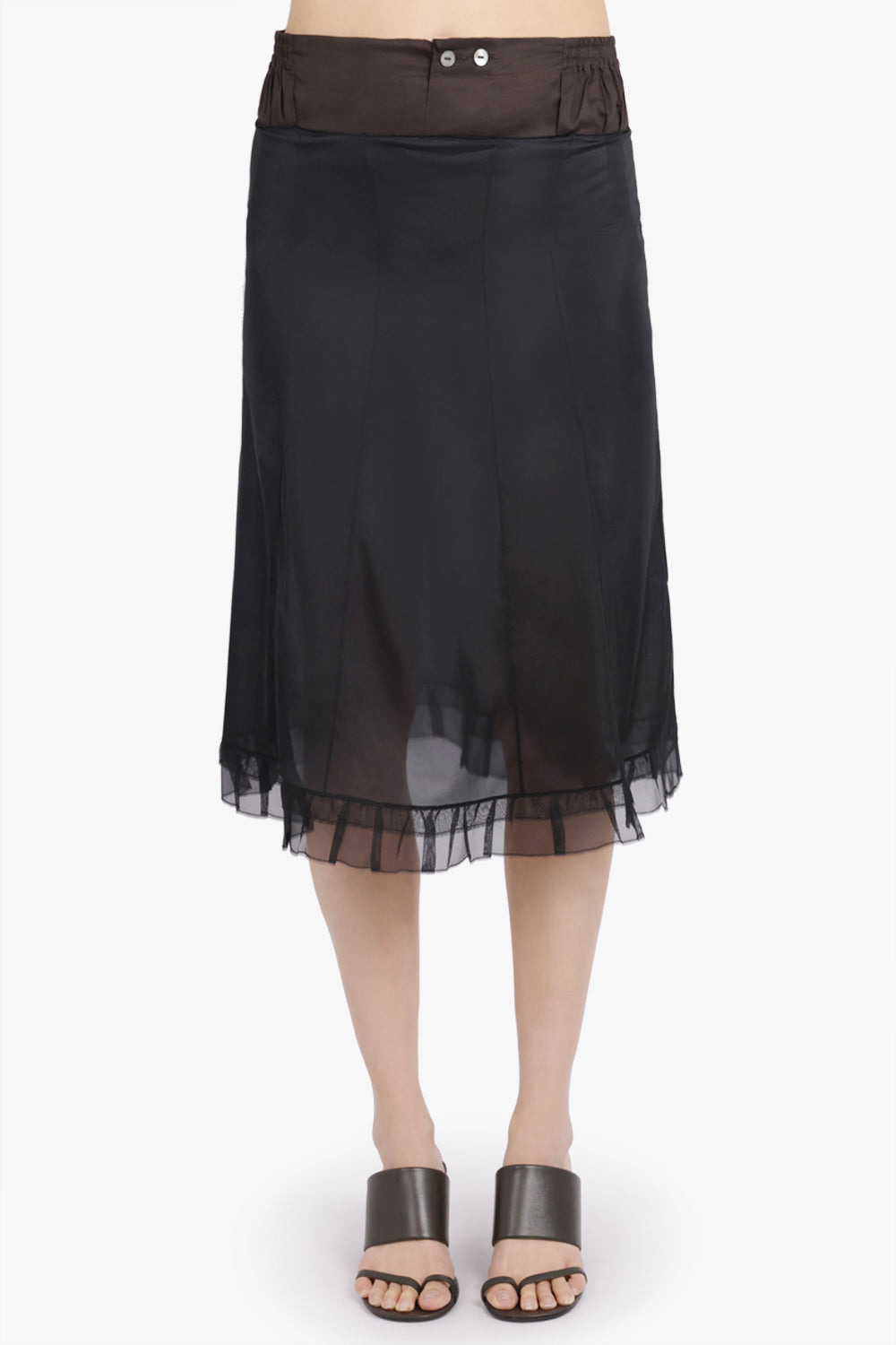 LAYERED MIDI SKIRT WITH CHECK UNDERLAY | BLACK/BROWN - 3