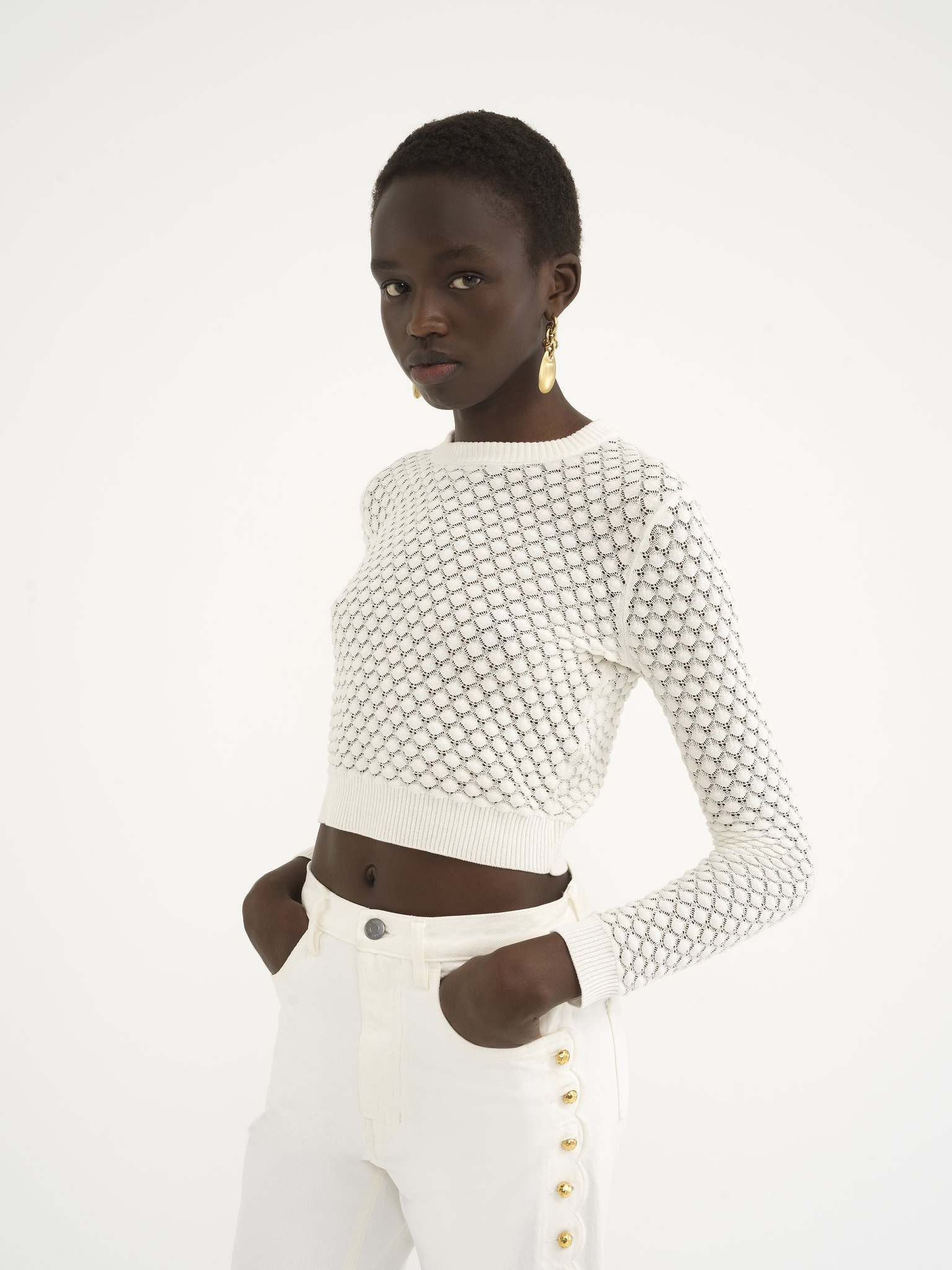 CROPPED SWEATER IN COTTON POINTELLE KNIT - 4