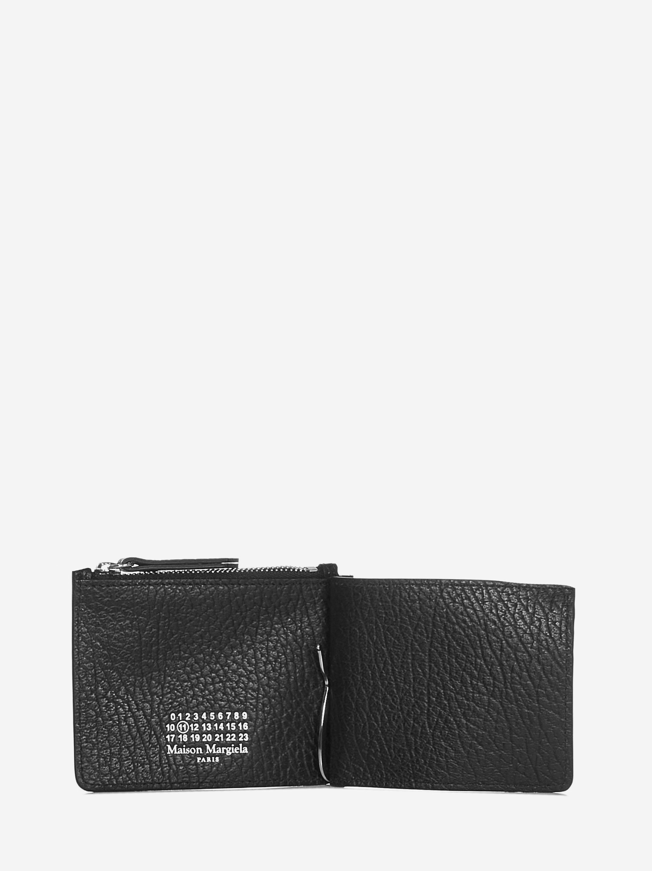 Black grained leather wallet with zip pocket and money clip and logo at back. - 3