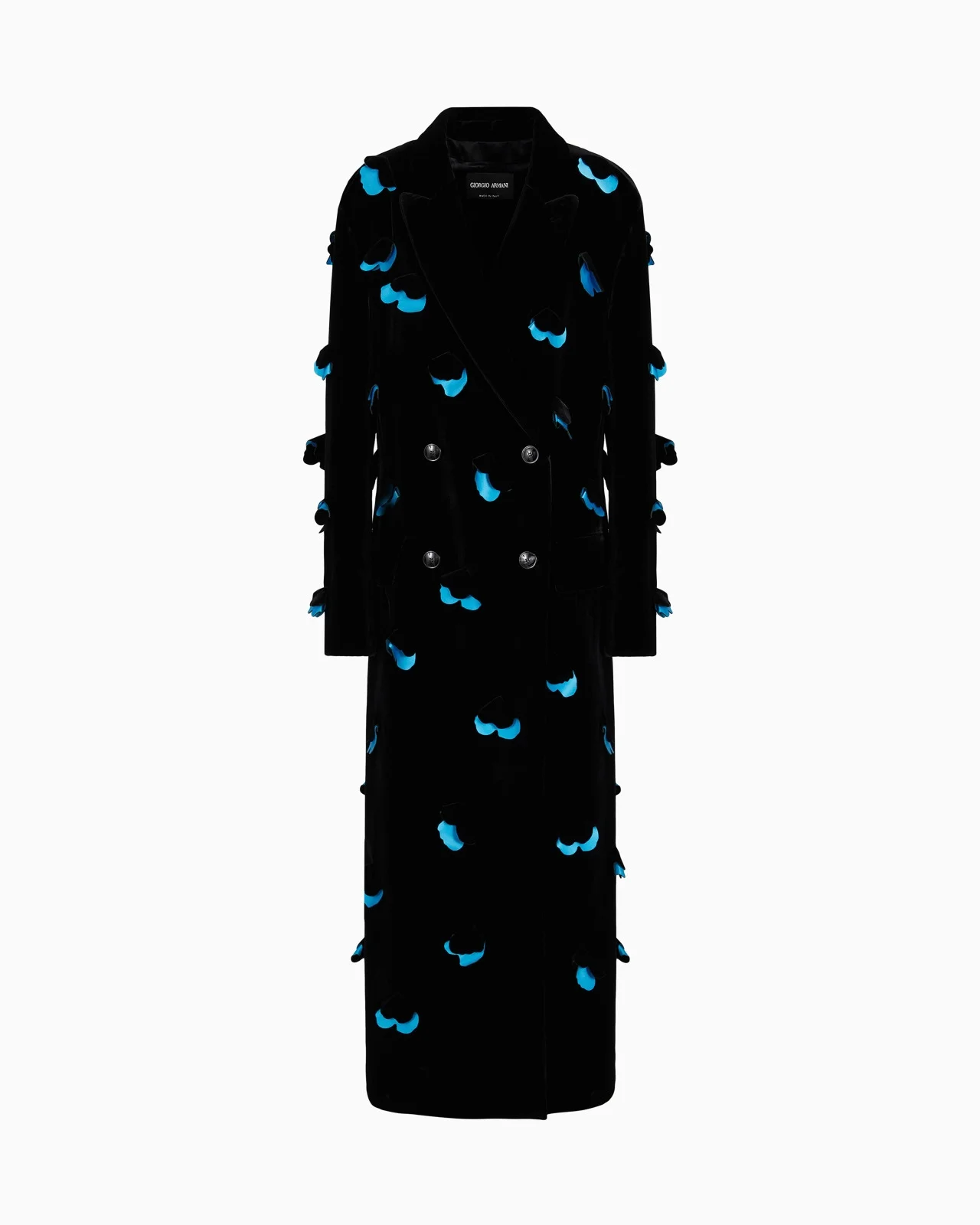 LONG, VELVET SINGLE-BREASTED COAT WITH APPLIED FLOWERS - 1