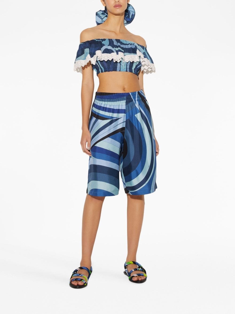 wave-print ruffle-detailing top - 2