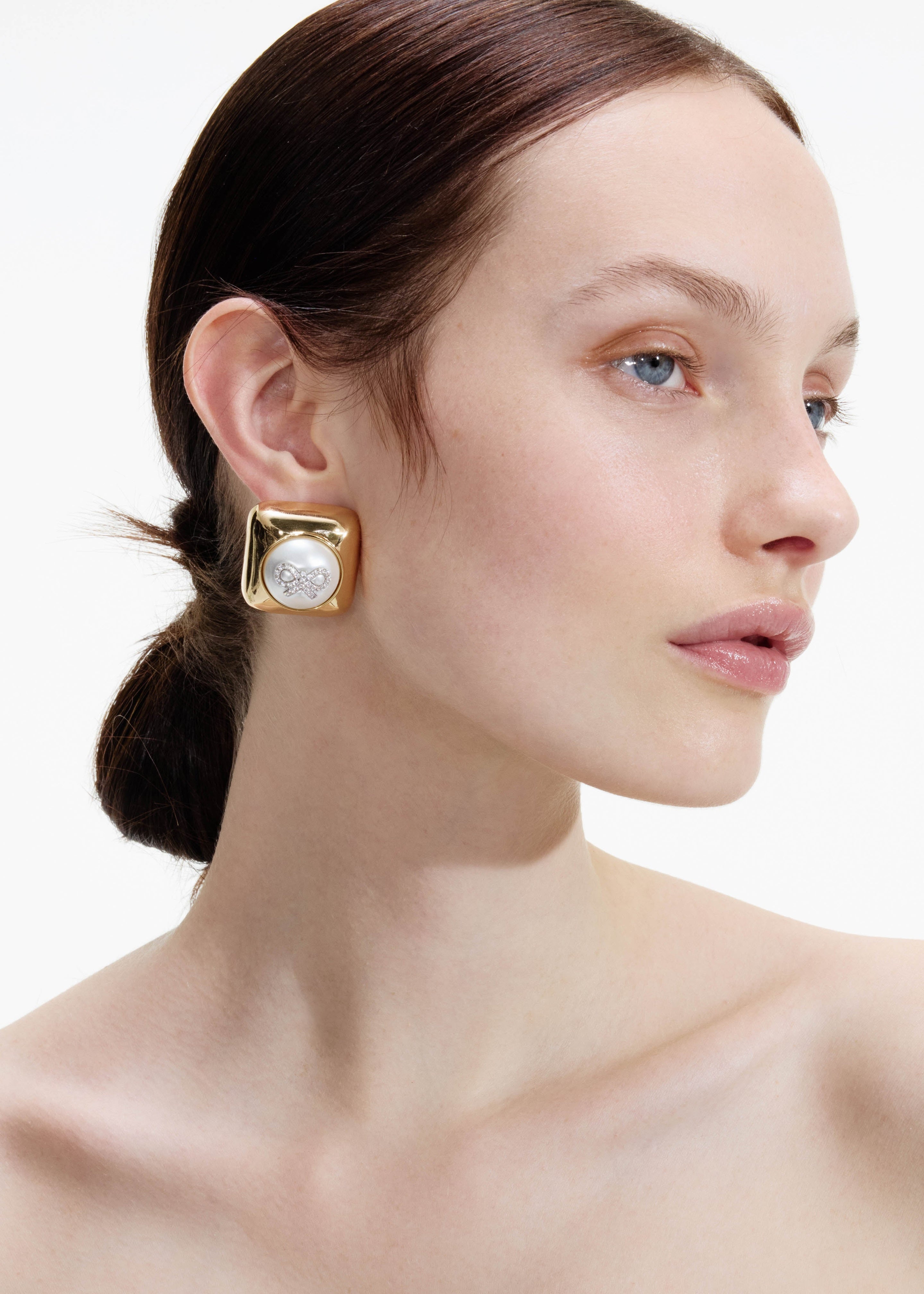 Bow Pearl Gold Square Earrings - 3
