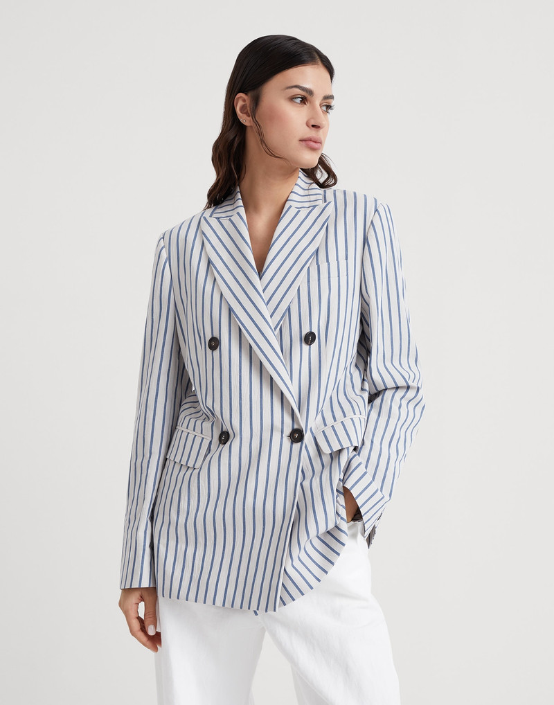 Striped cotton and linen wrinkled poplin blazer with monili 1