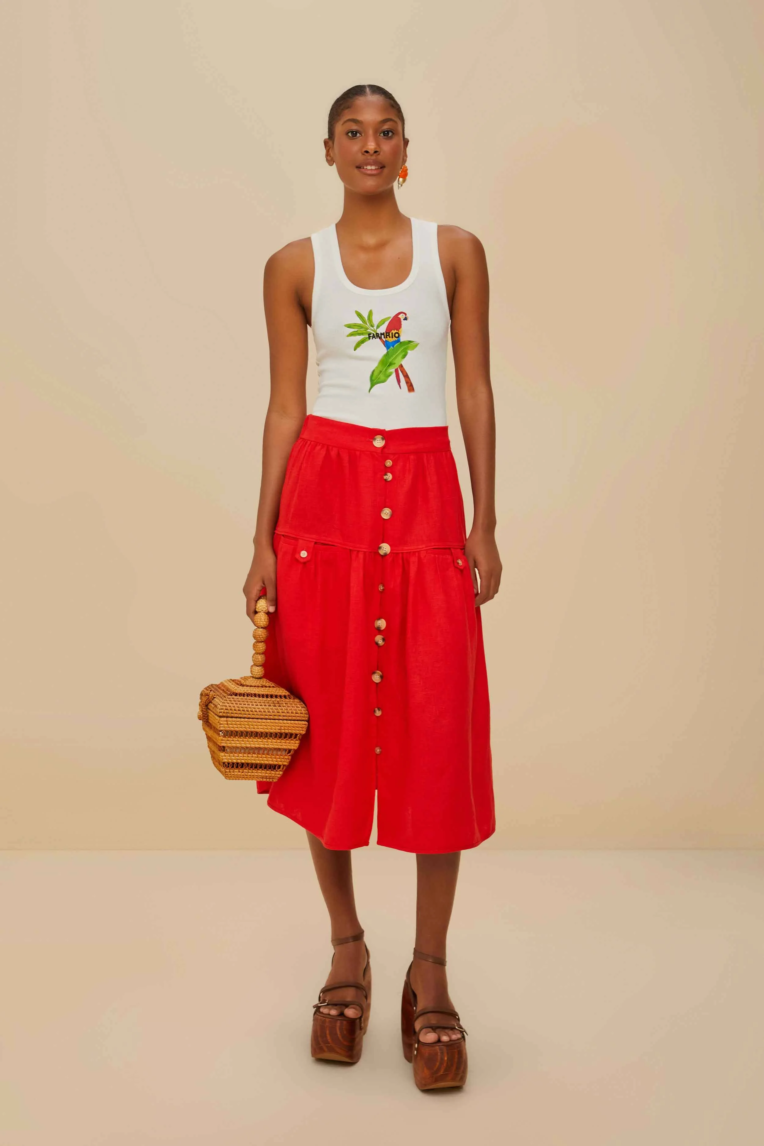 Red Mixed Buttons Euroflax™ Premium Linen Midi Skirt - 1