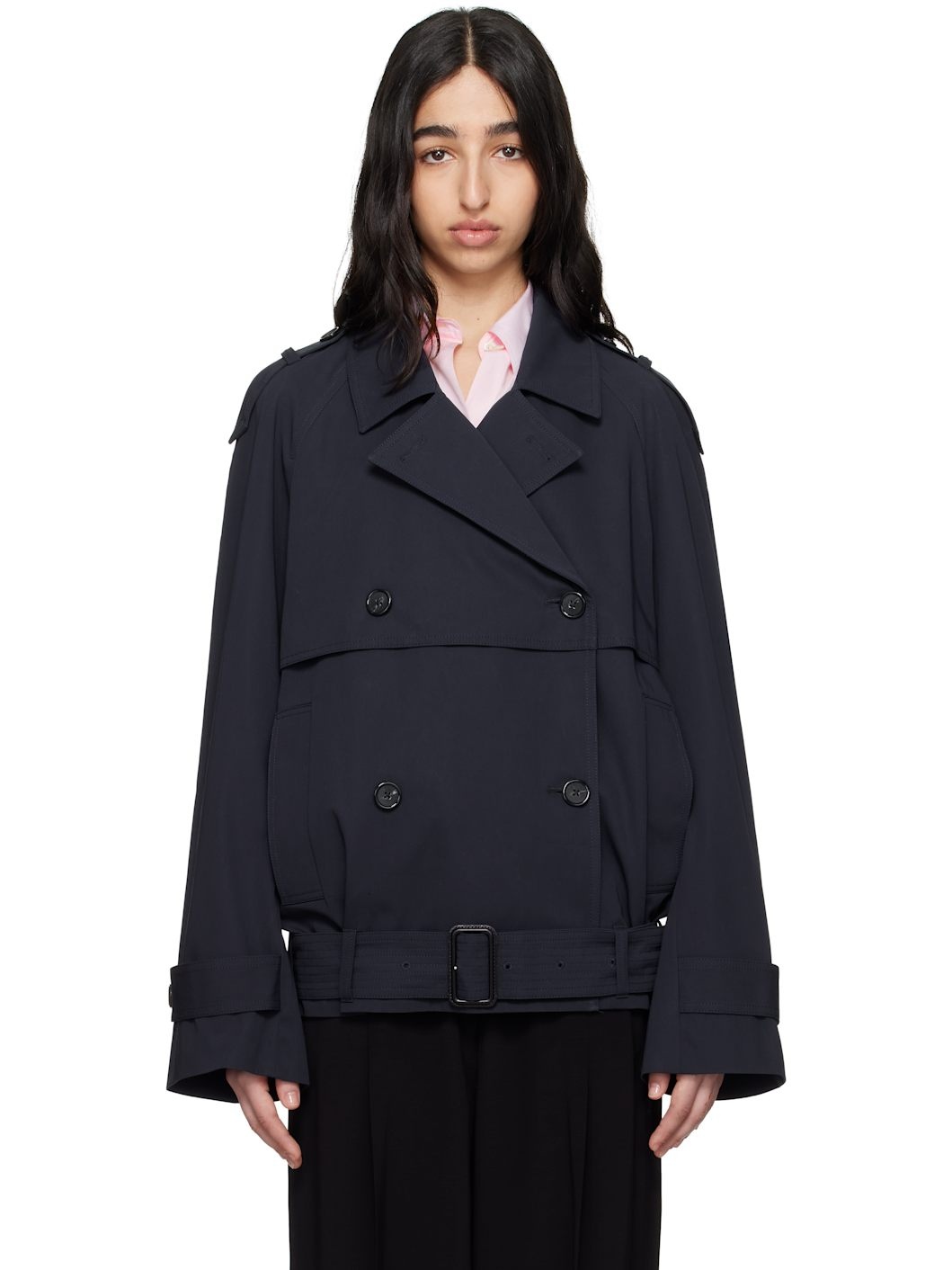 Navy Short Cotton Trench Jacket - 1