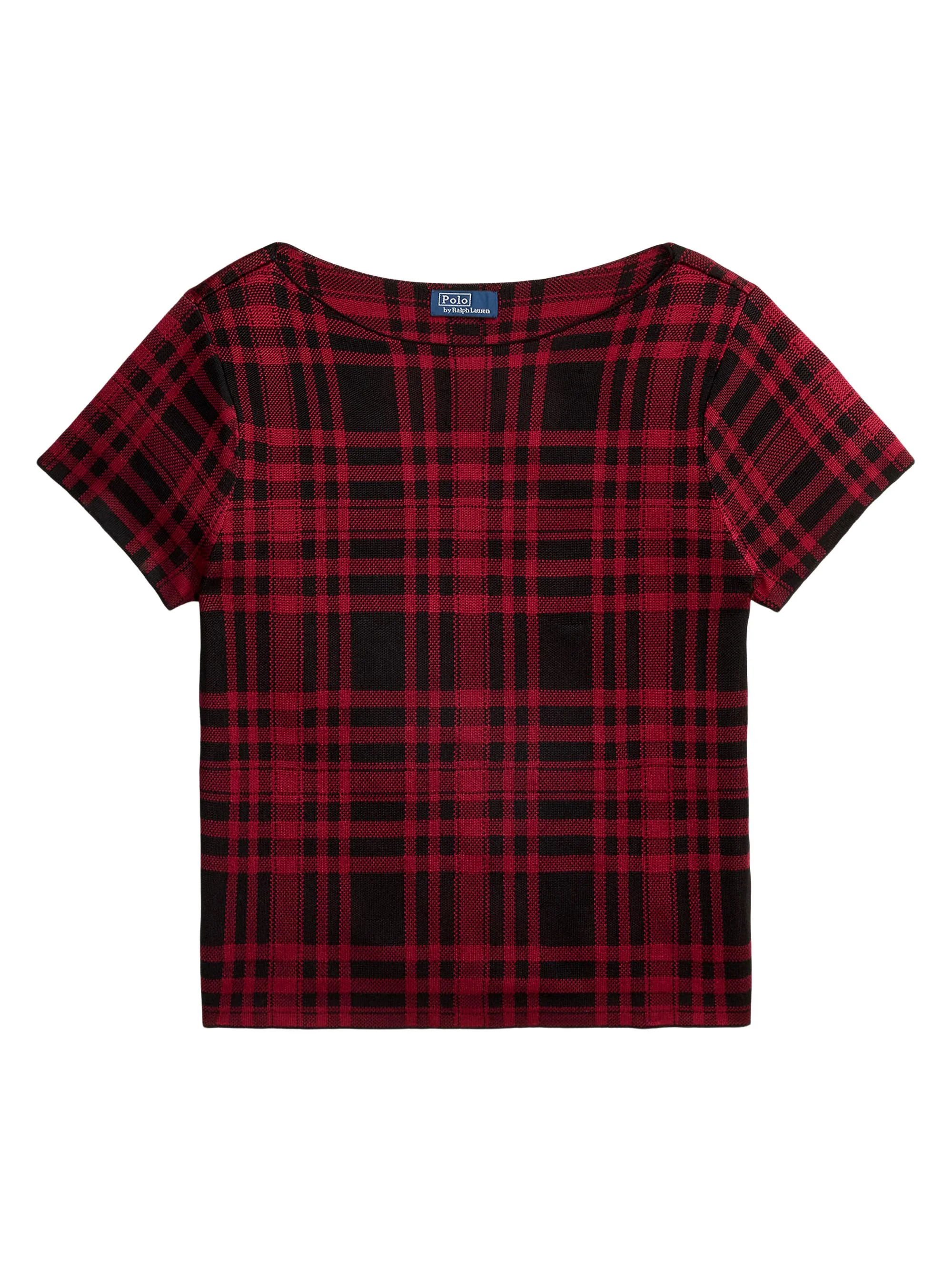 Women's Plaid Short-Sleeve Crop Sweater - Polo Black Fireside Red - 1