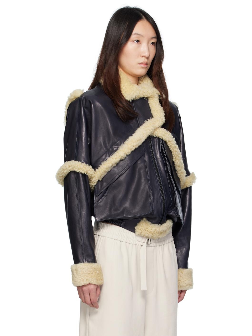 Navy Shearling Leather Bomber Jacket - 2