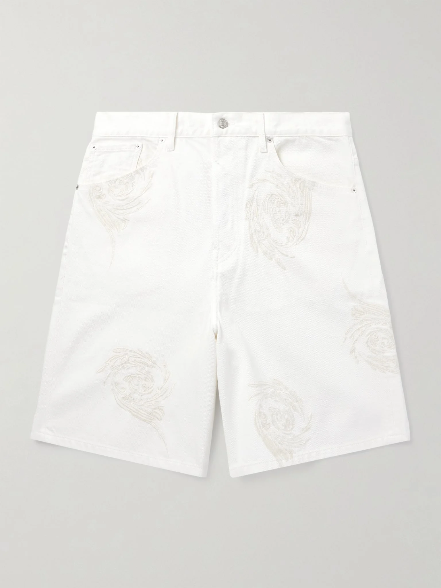 Straight-Leg Embroidered Denim Bermuda Shorts White - 1