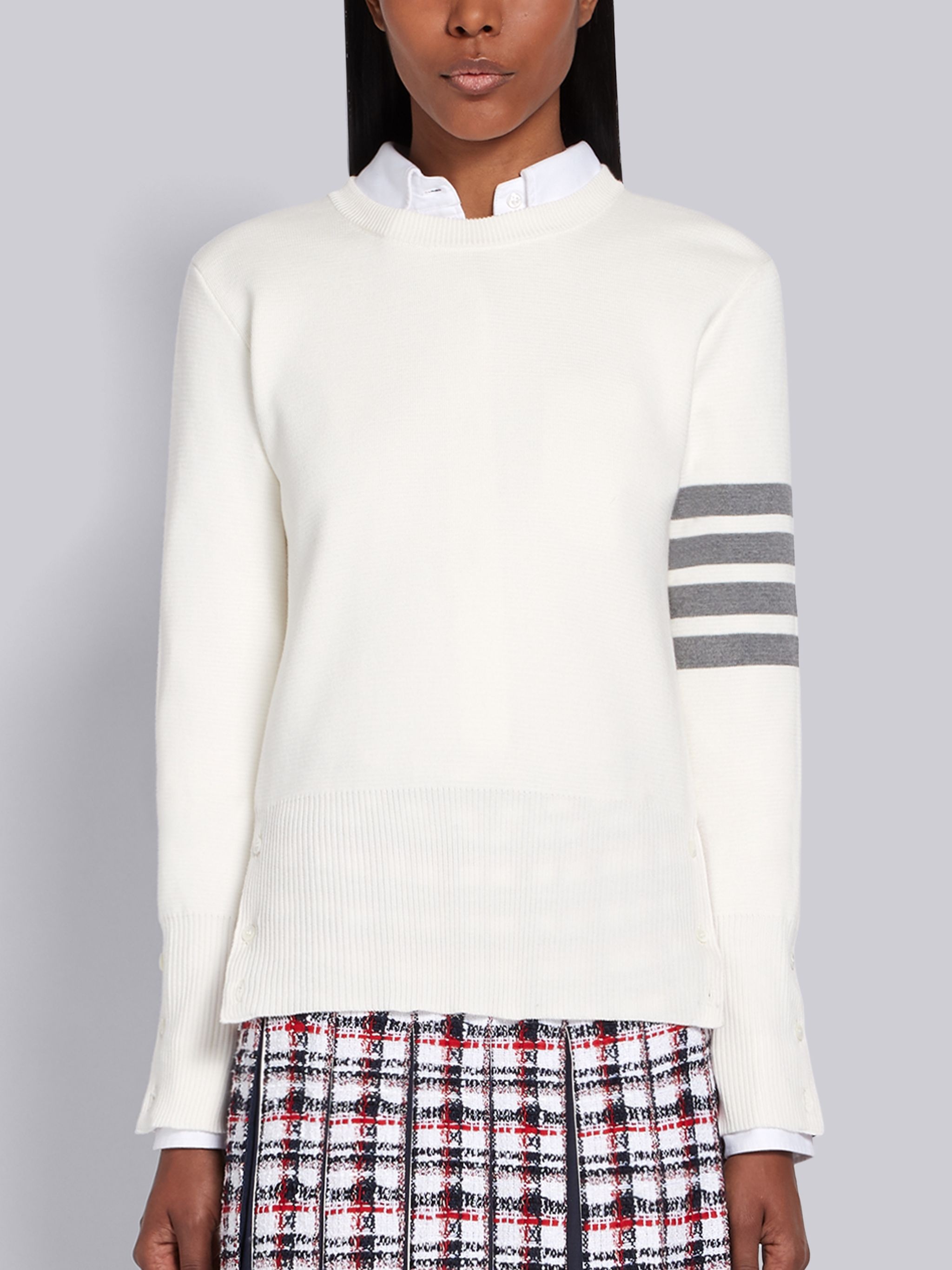 White Cotton Crepe Milano Stitch Crewneck 4-Bar Pullover - 1