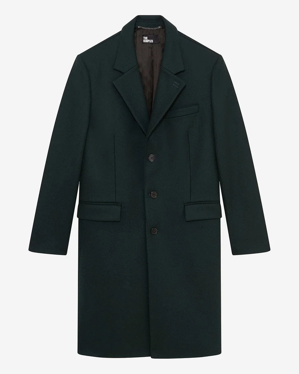DARK GREEN WOOL COAT WITH LEATHER LAPEL COLLAR - 1
