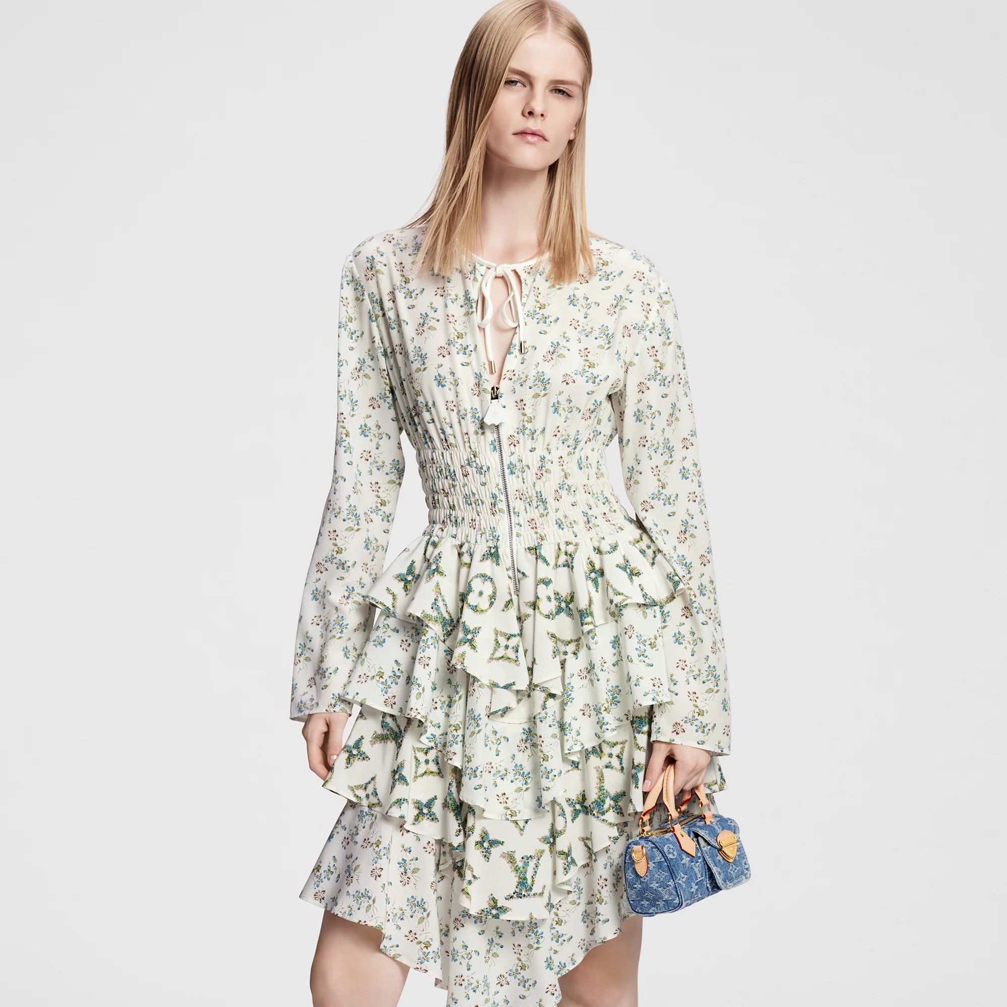 Floral Print Long-Sleeved Tiered Dress - 5