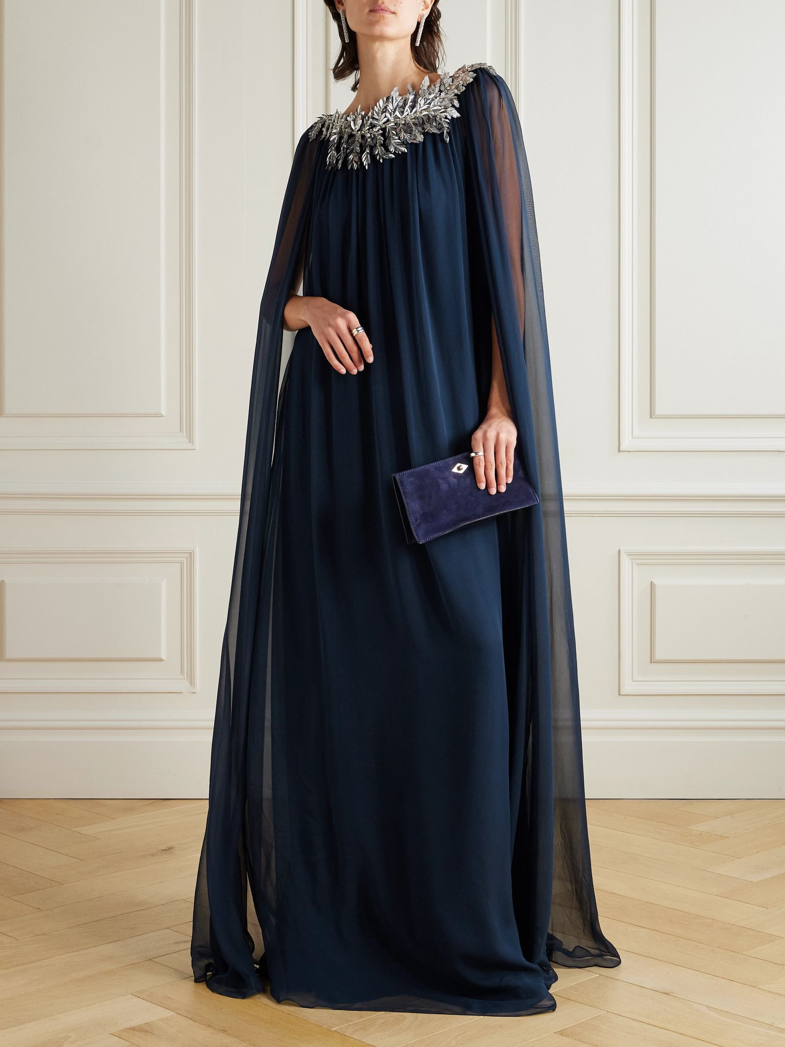 Cape-effect embellished silk-chiffon gown Navy - 2