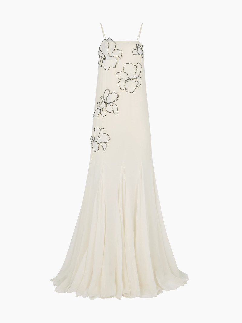 Cream Long Embroidered Flowers Silk Dress 5