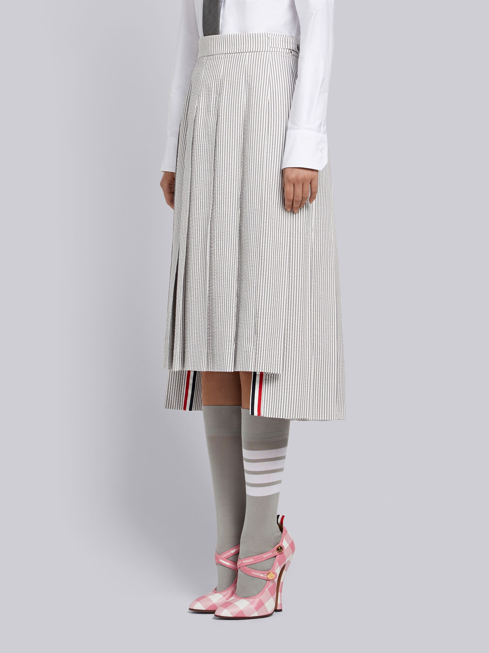 Medium Grey Seersucker Below-the-knee Pleated Skirt - 2