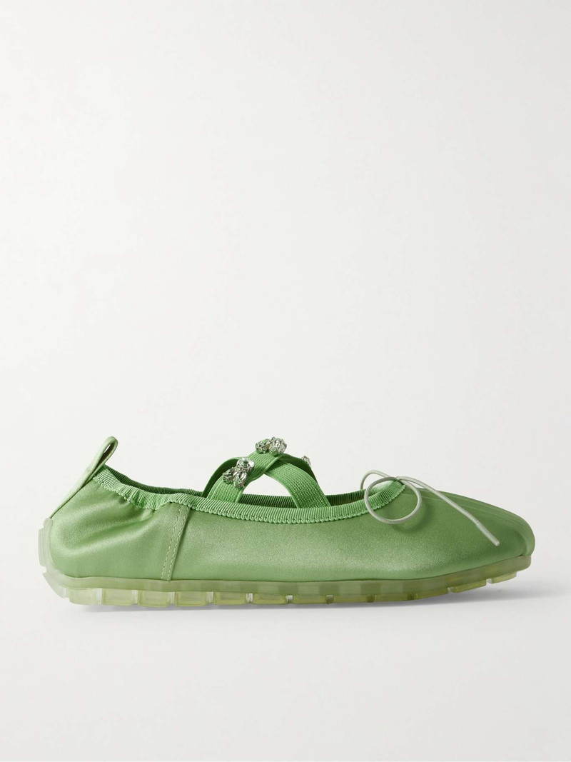 Grosgrain-trimmed crystal-embellished pleated satin ballet flats Mint - 1