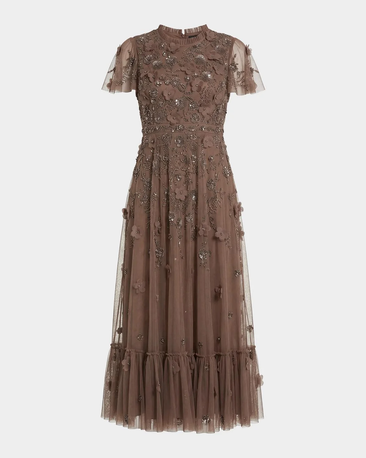 Sequin Floral Applique Tulle Midi Dress - 1