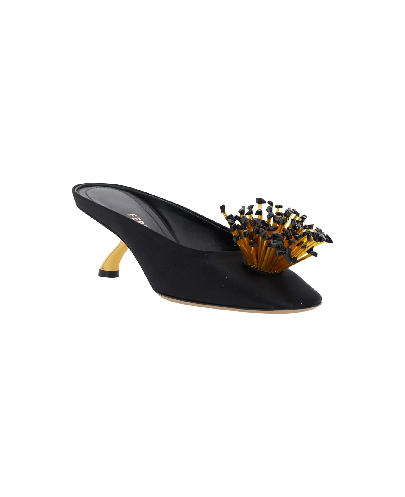Black Sandals With Low Heel And Crystal Embellishment On The Front In Fabric Woman - 1