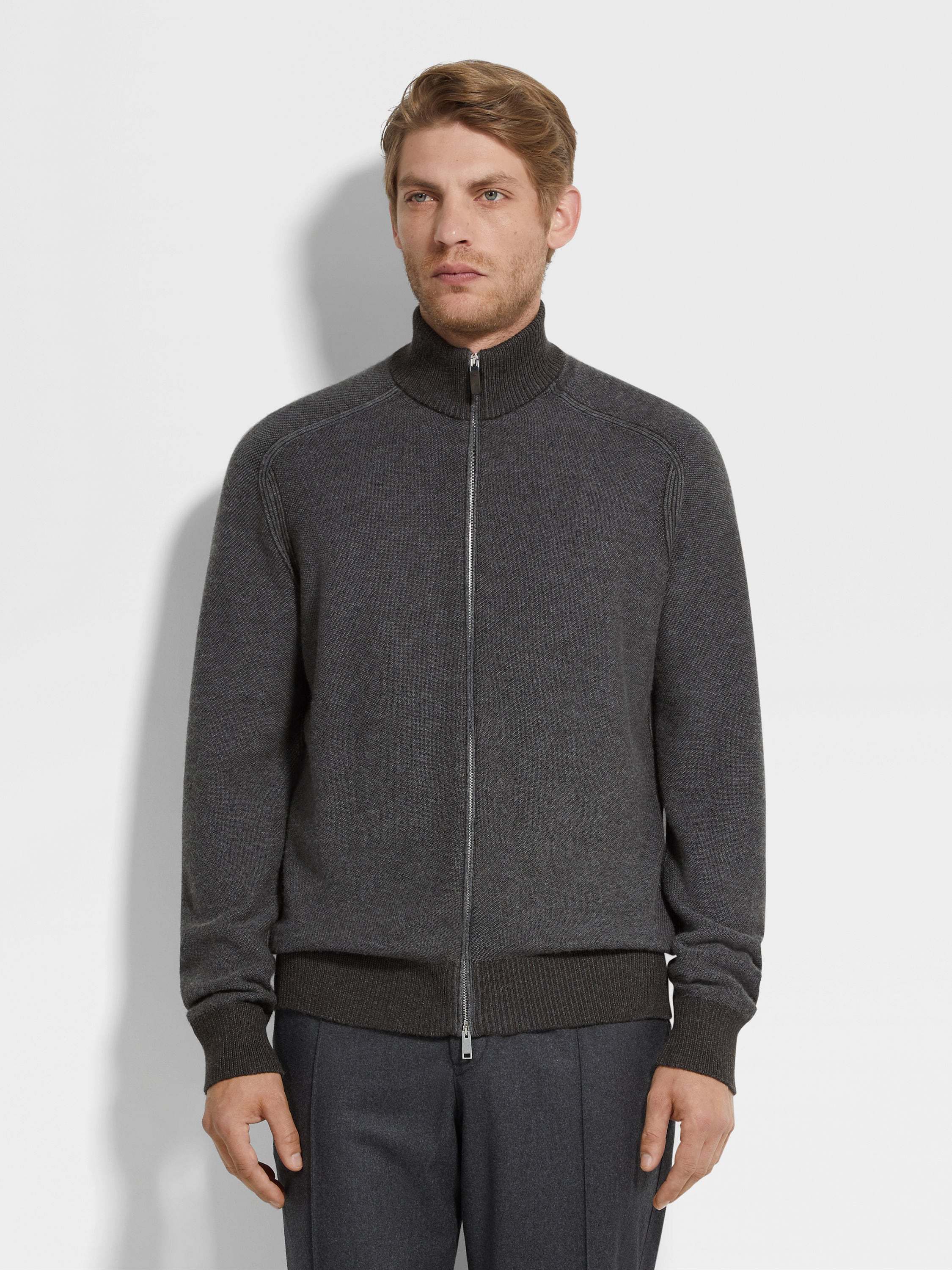 GREY AND DARK BROWN CASHSETA FULL ZIP CARDIGAN - 4